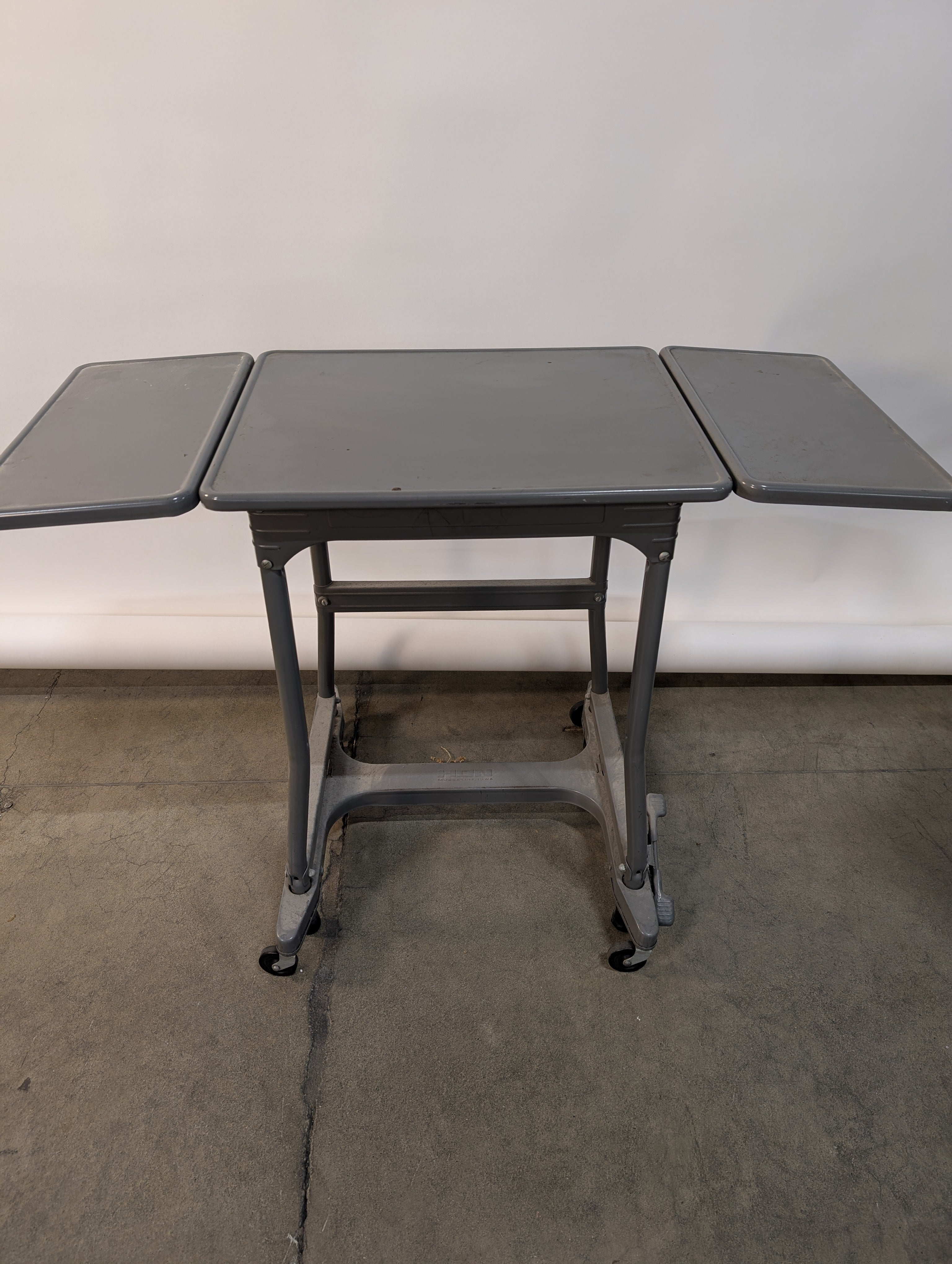 Vintage Grey Metal Drop Leaf Utility Table with Casters