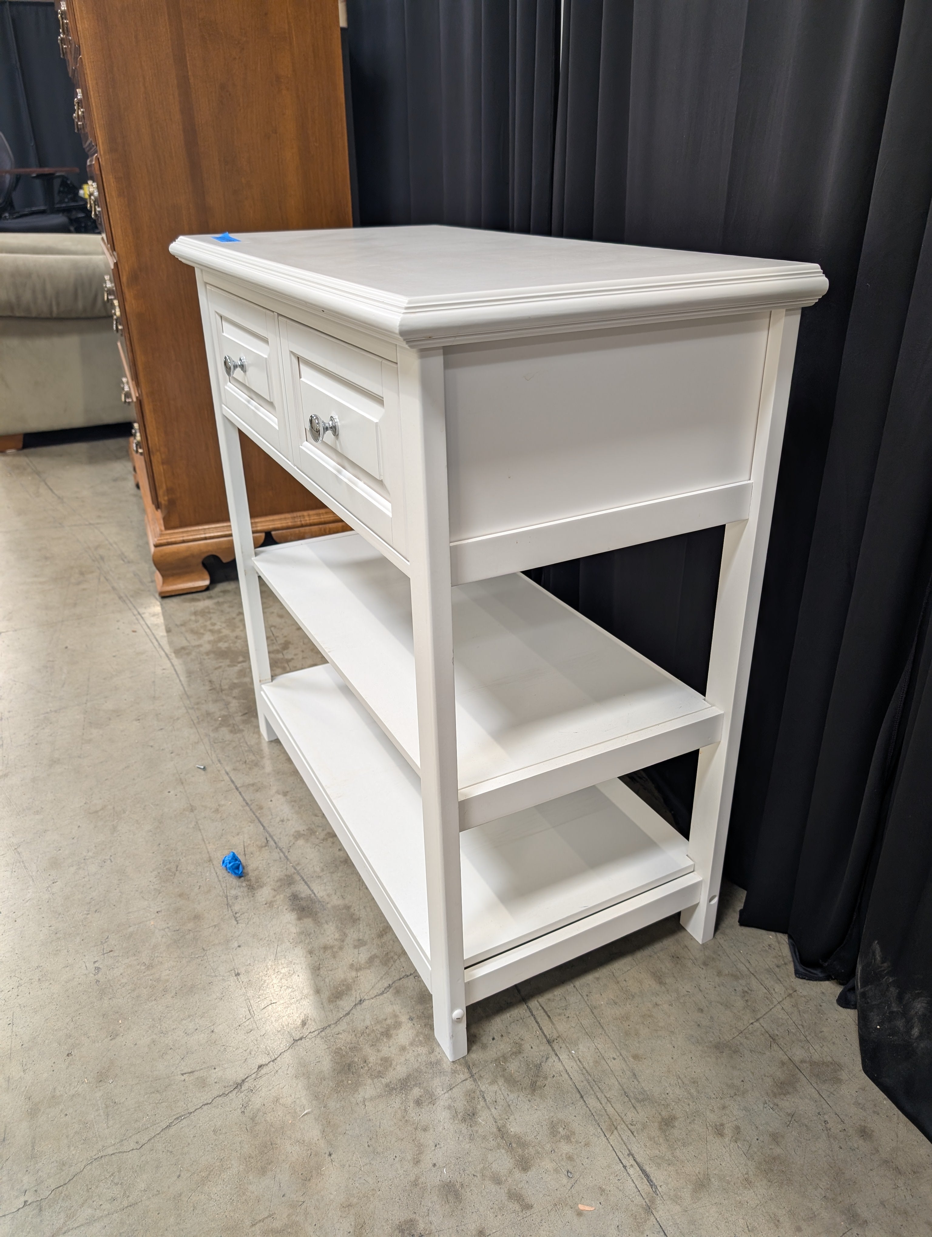 White Wooden Two-Drawer Console Table with Shelves