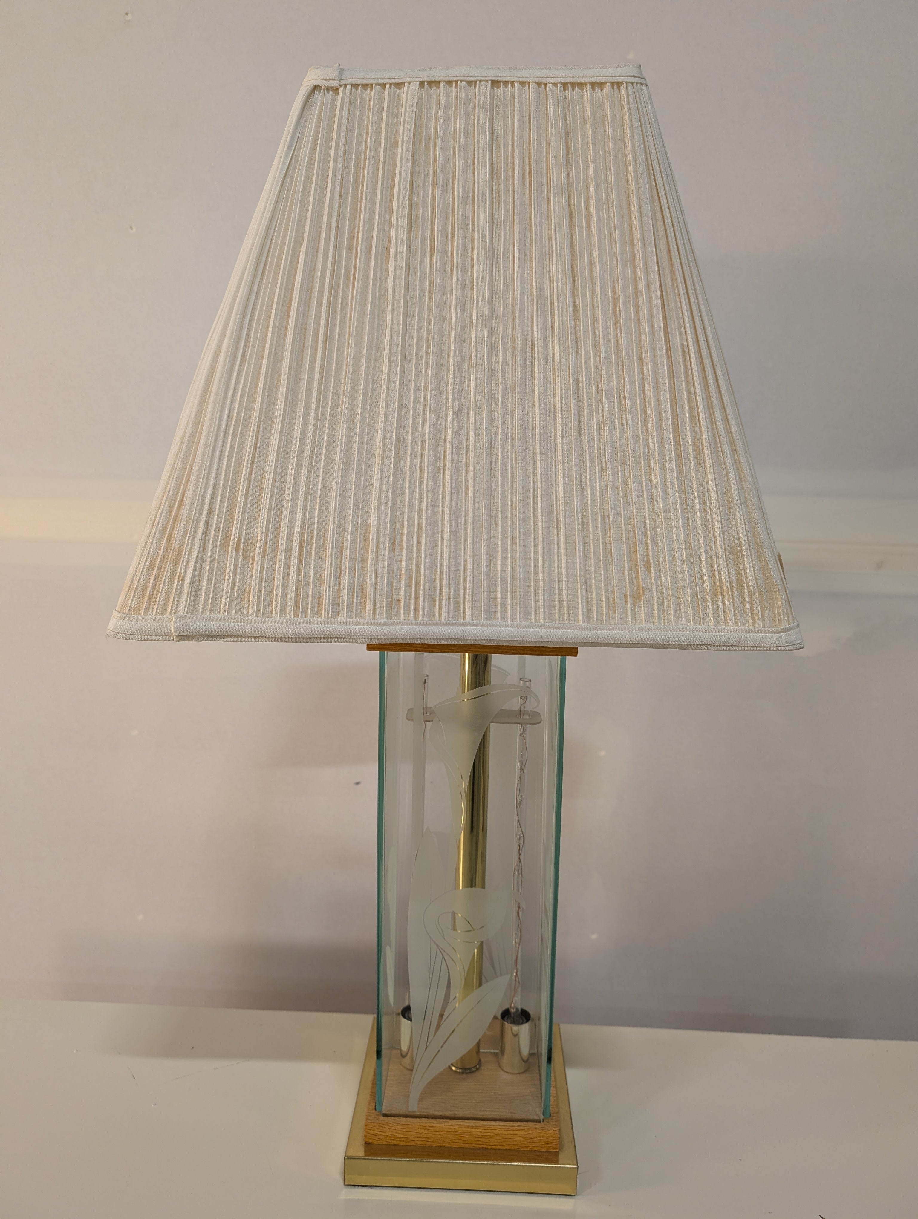 Frosted Calla Lily Etched Glass Table Lamp with Wood Base