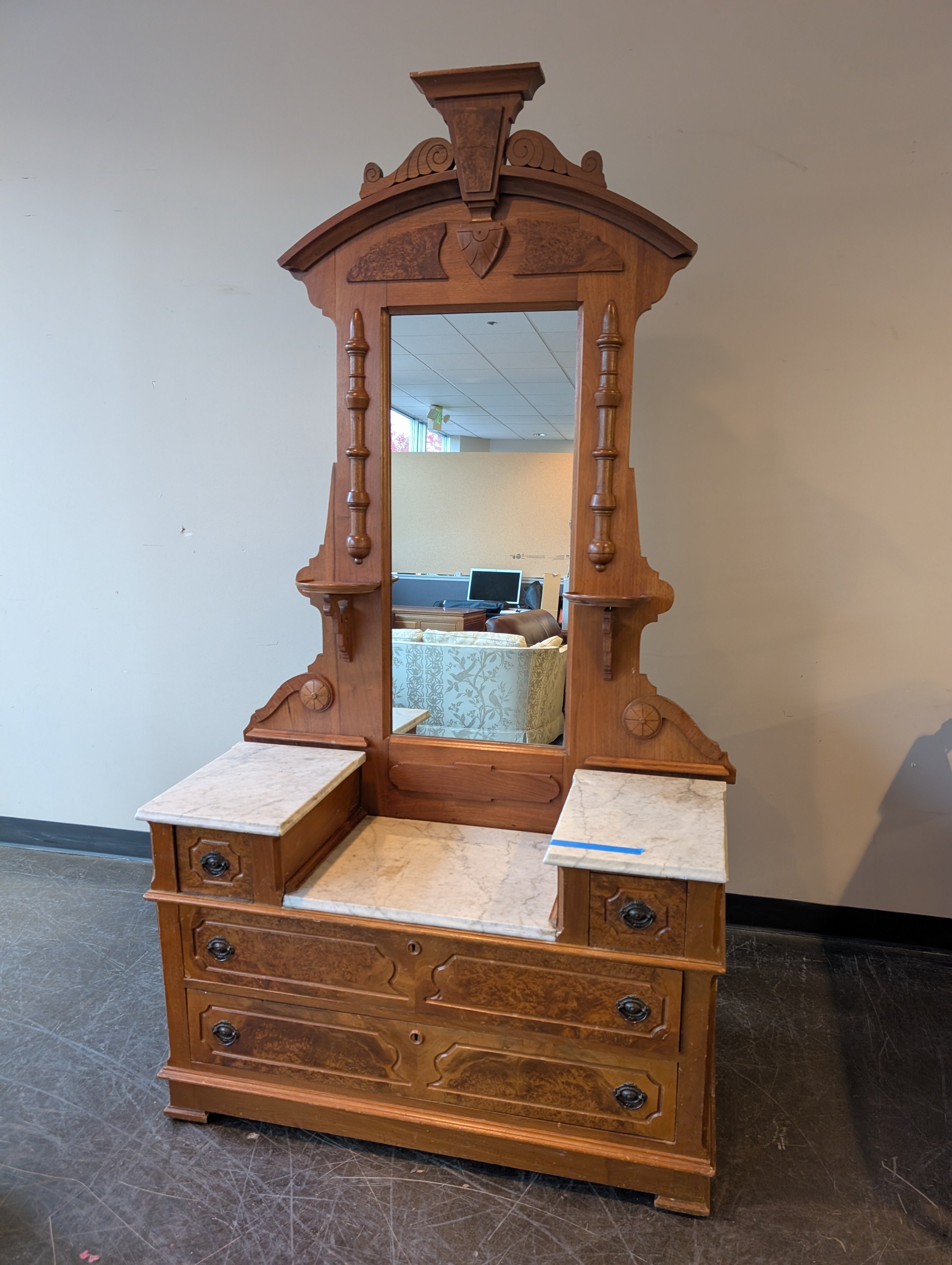 Antique Wood Five-Drawer Dresser with Marble Tops