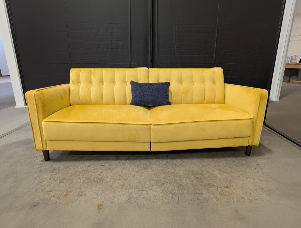 Mid-Century Modern Yellow Velvet Tufted Sofa