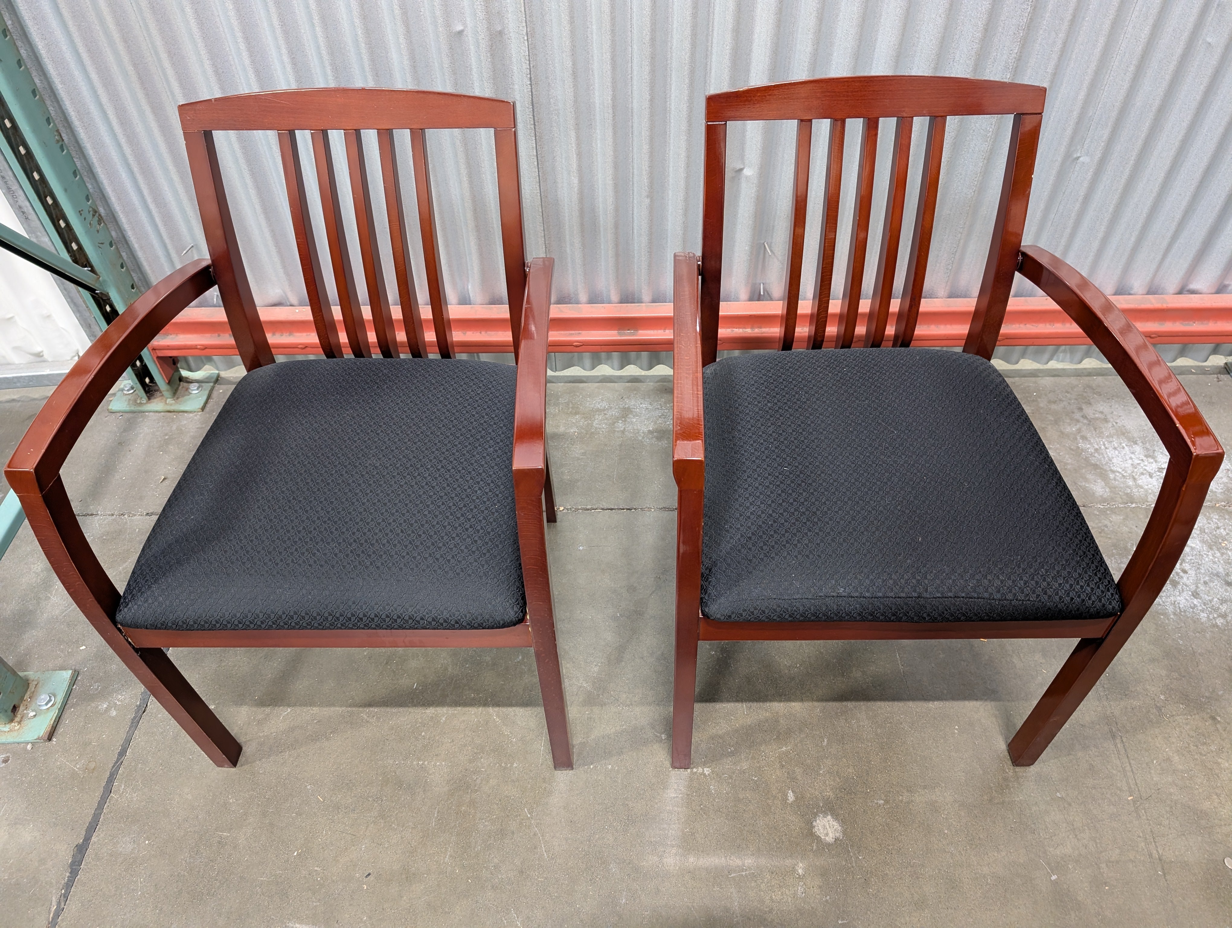 Pair of Dark Wood Armchairs with Woven Fabric Seats