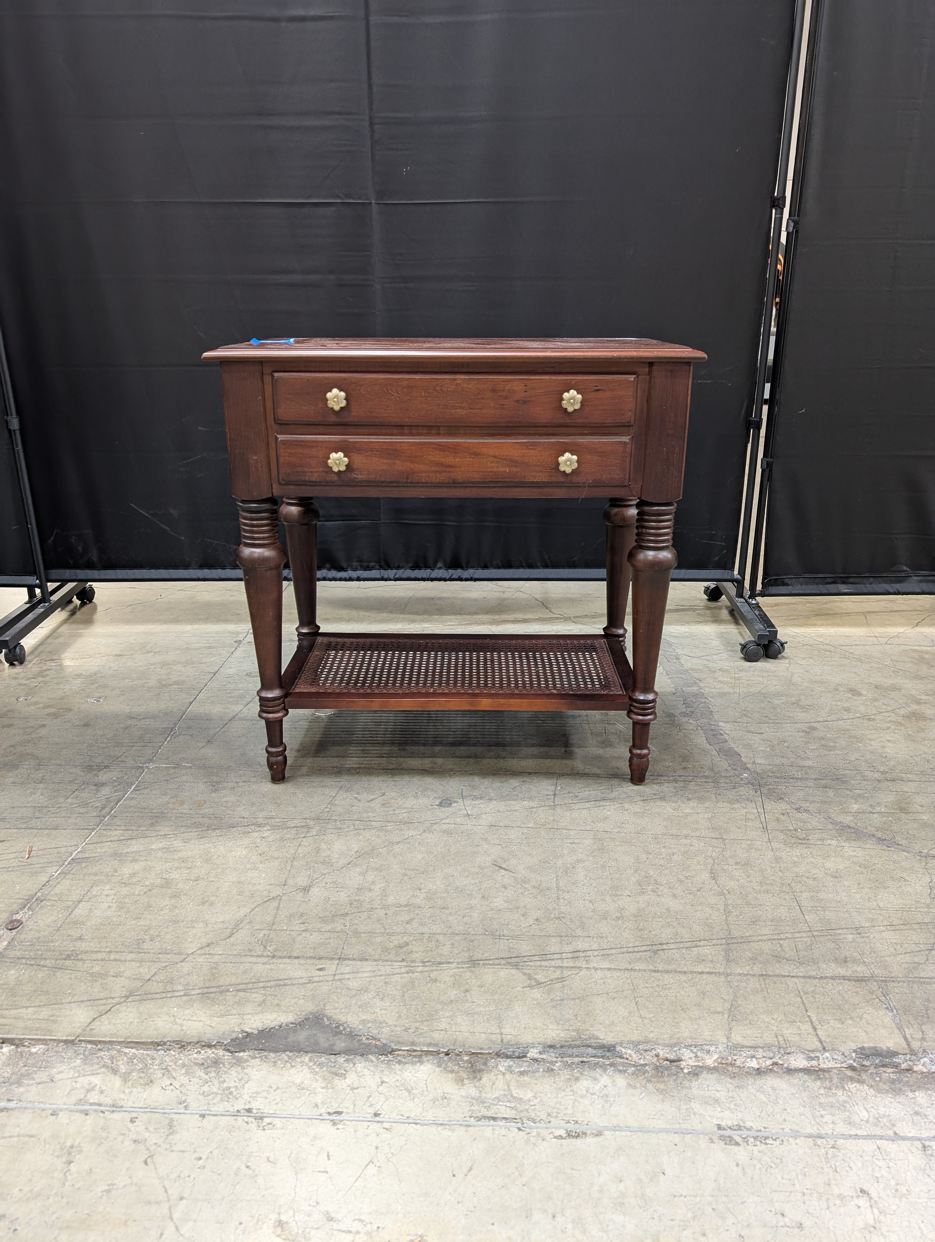 Mahogany Finish Wood ETHAN ALLEN Side Table with Cane Shelf