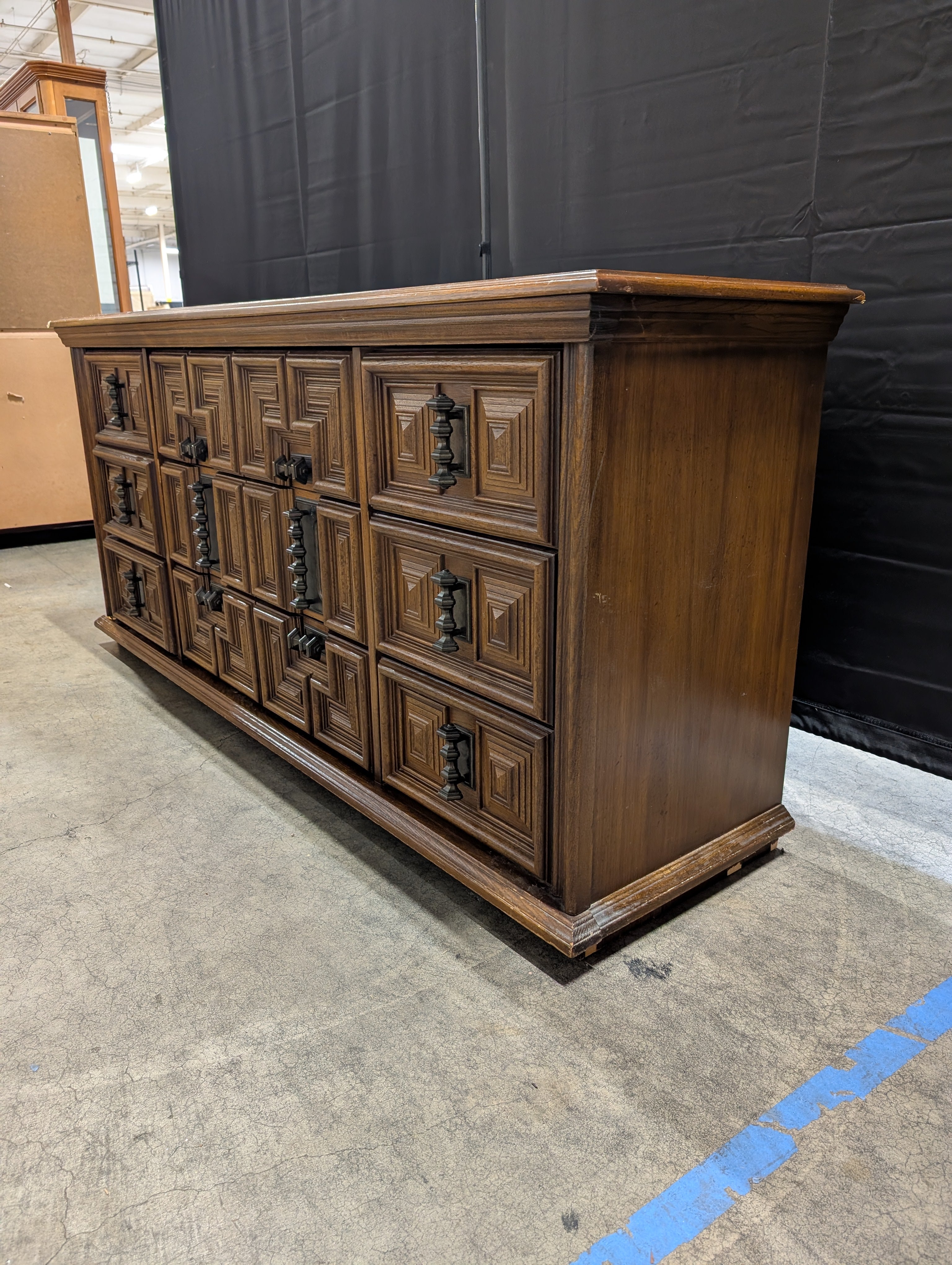 Vintage Carved Wood Long Dresser with Geometric Design