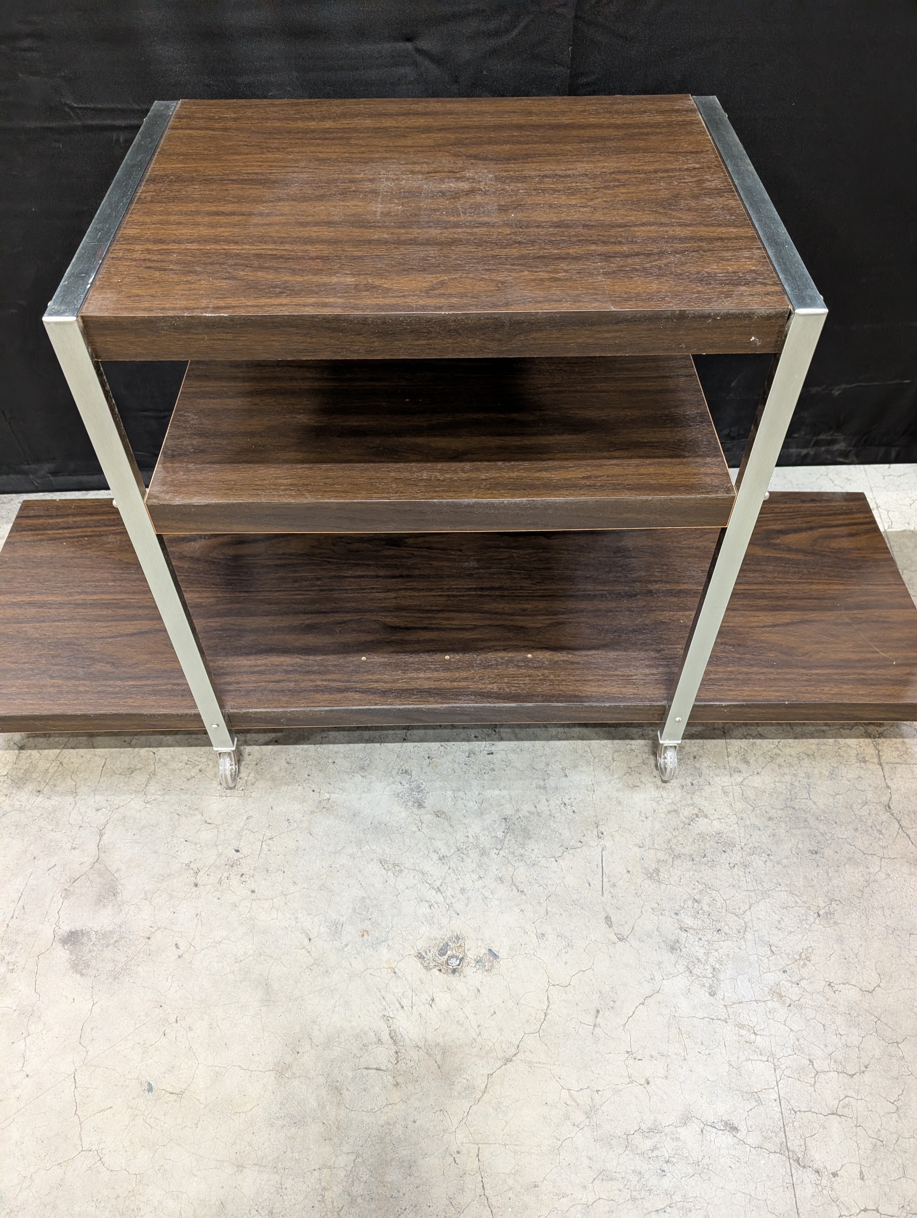 Vintage Three-Tiered Rolling Storage Cart with Dark Wood Finish