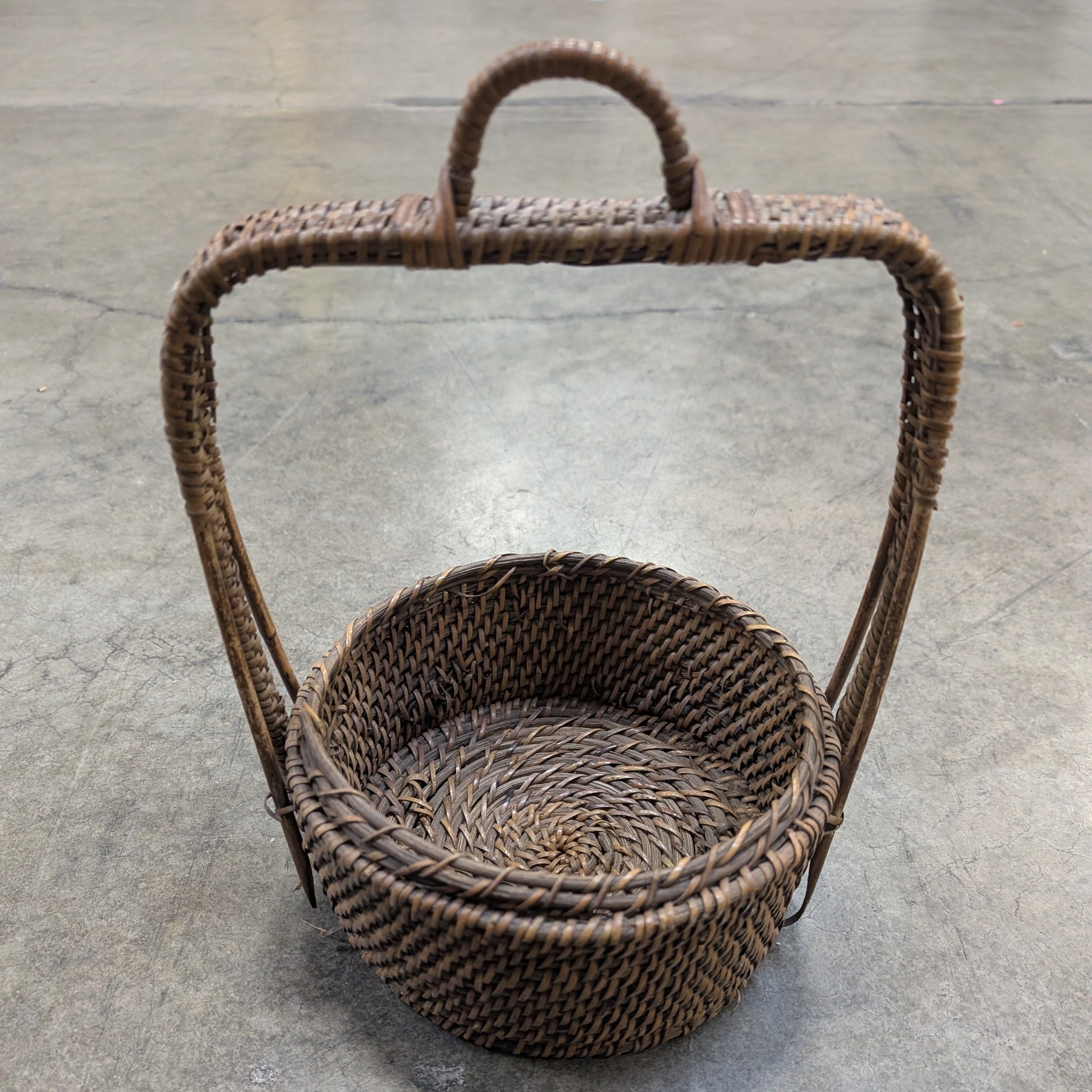 Rustic Woven Rattan Round Storage Basket with Arched Handle
