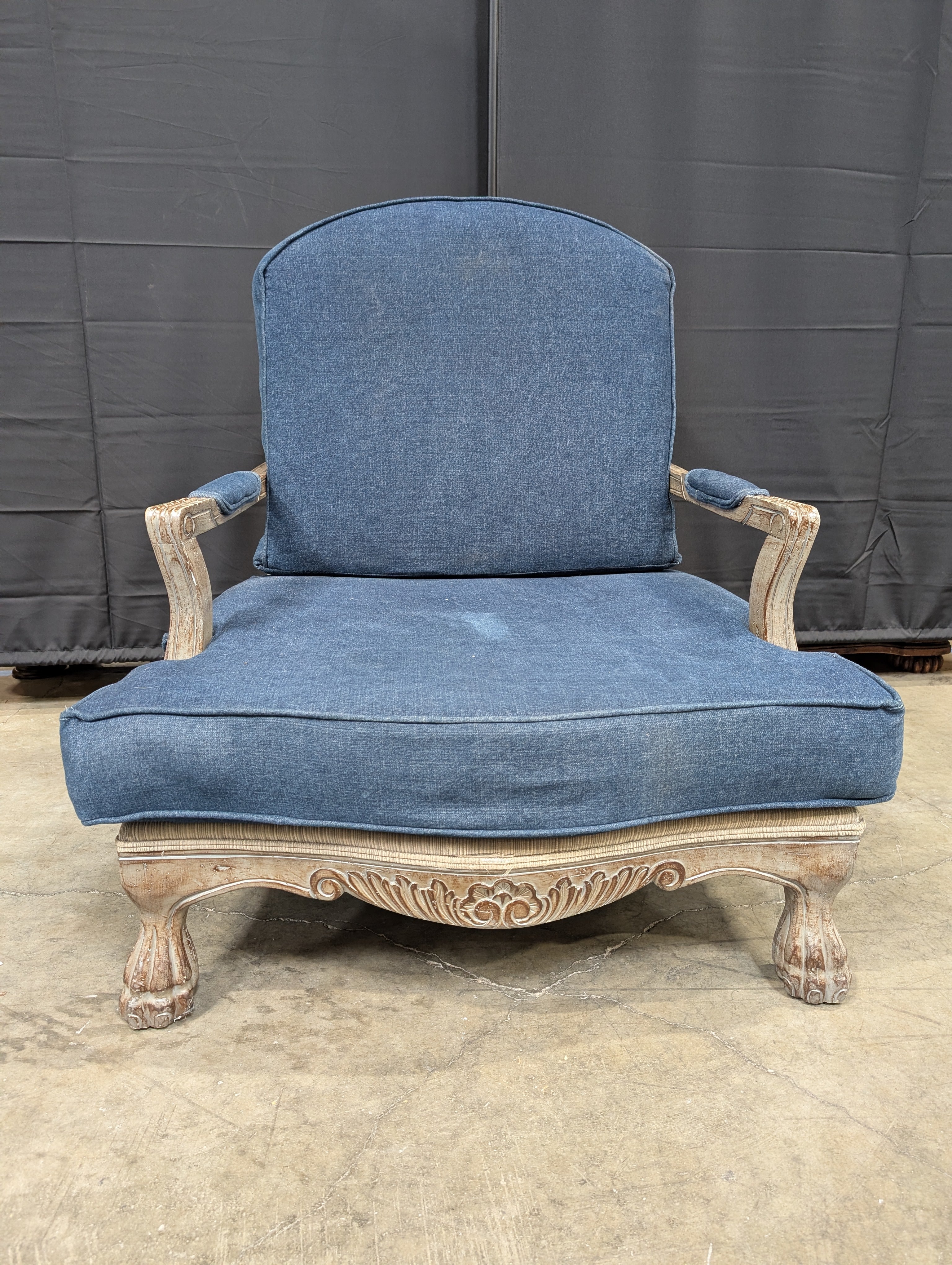 Vintage Style Blue Upholstered Armchair with Carved Wood Frame