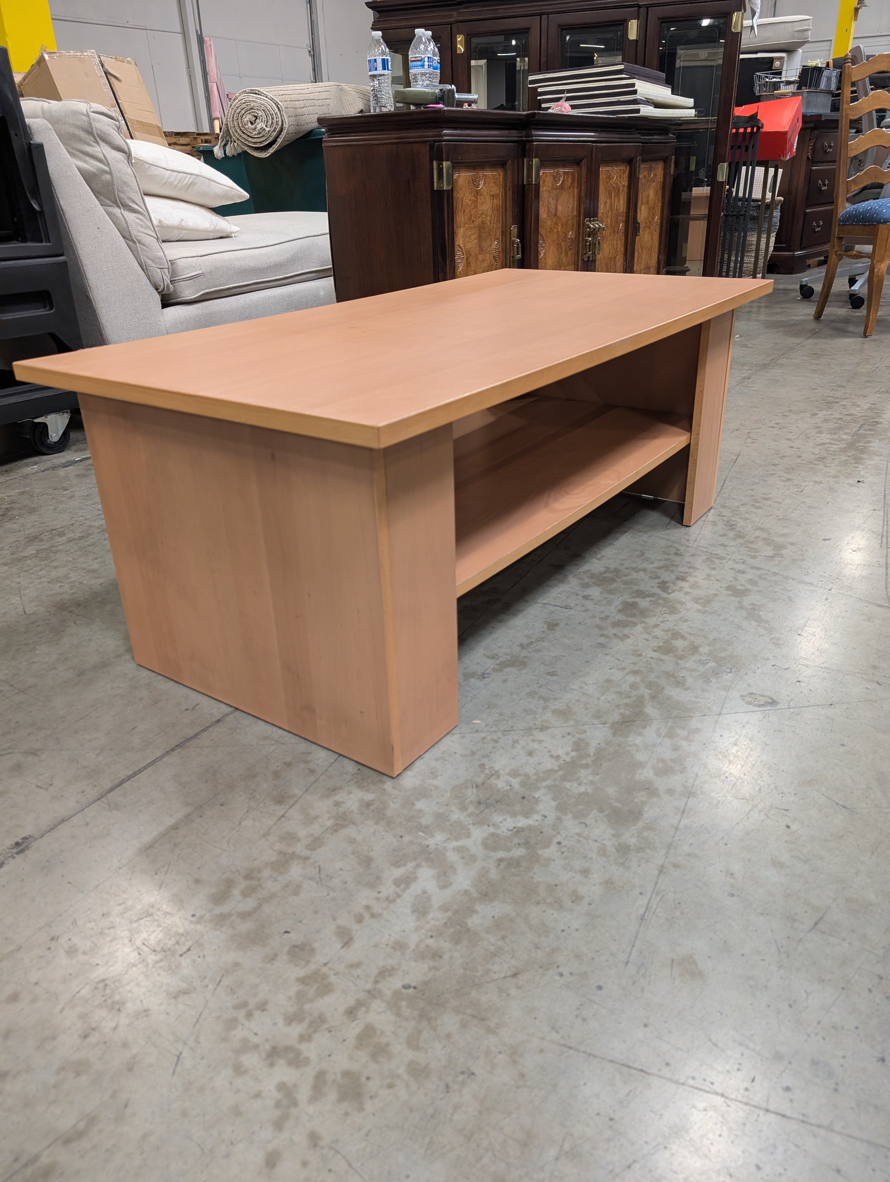 Modern Blonde Wood Rectangular Coffee Table with Open Storage