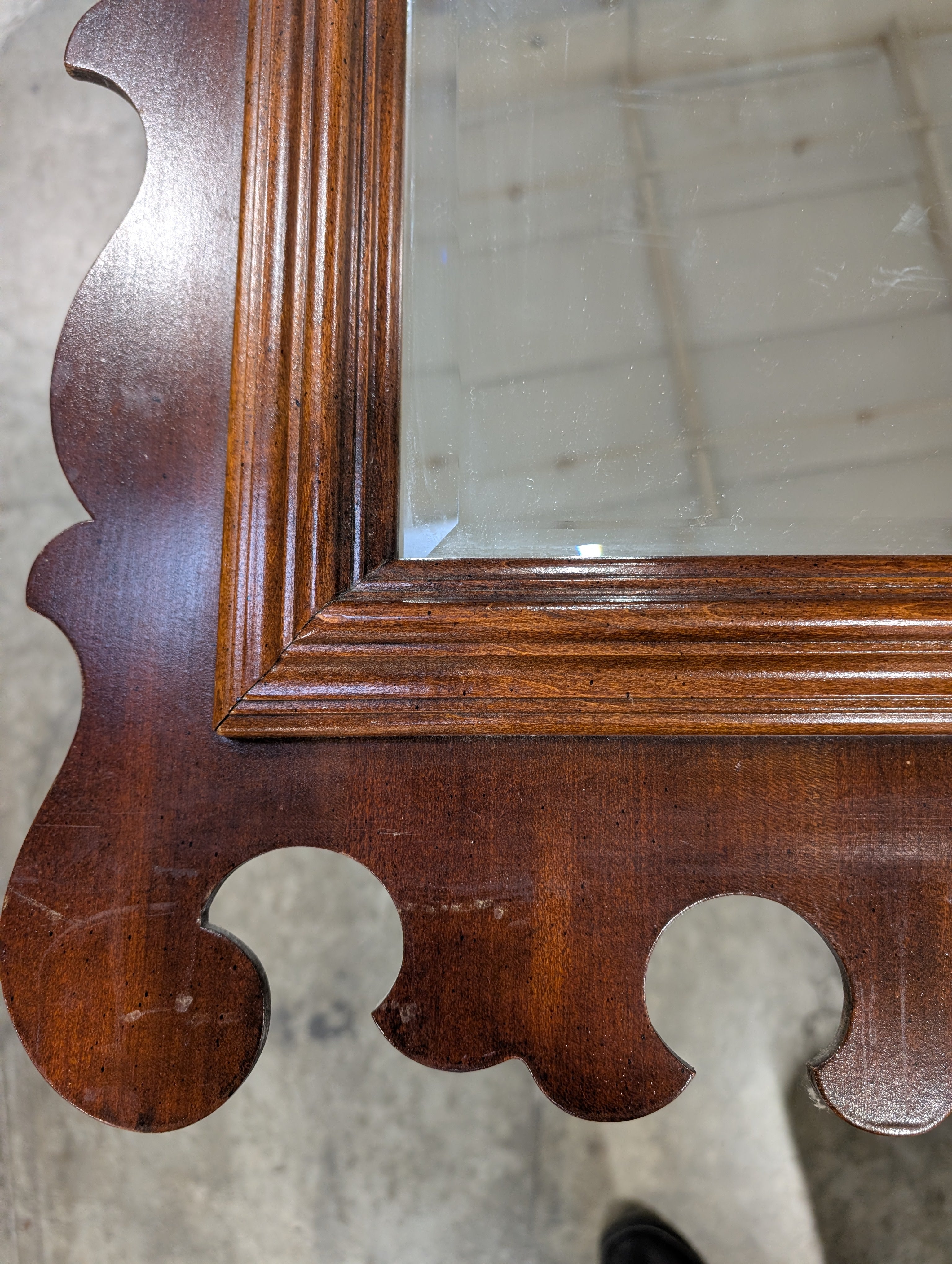 Ornate Scrolled Dark Wood Wall Mirror with Gilded Shell Accent