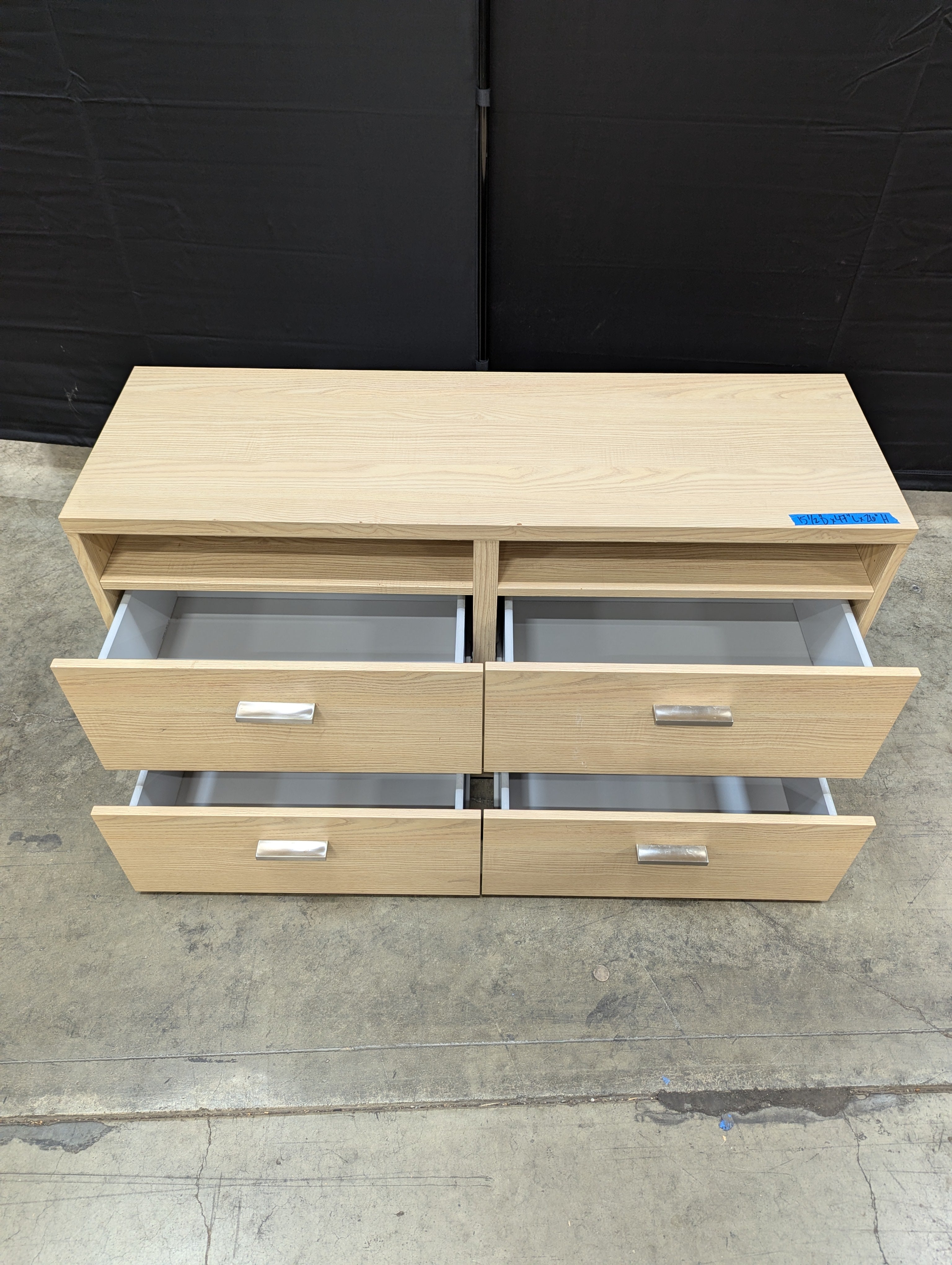 Modern Blonde Wood Four-Drawer Dresser with Open Media Storage