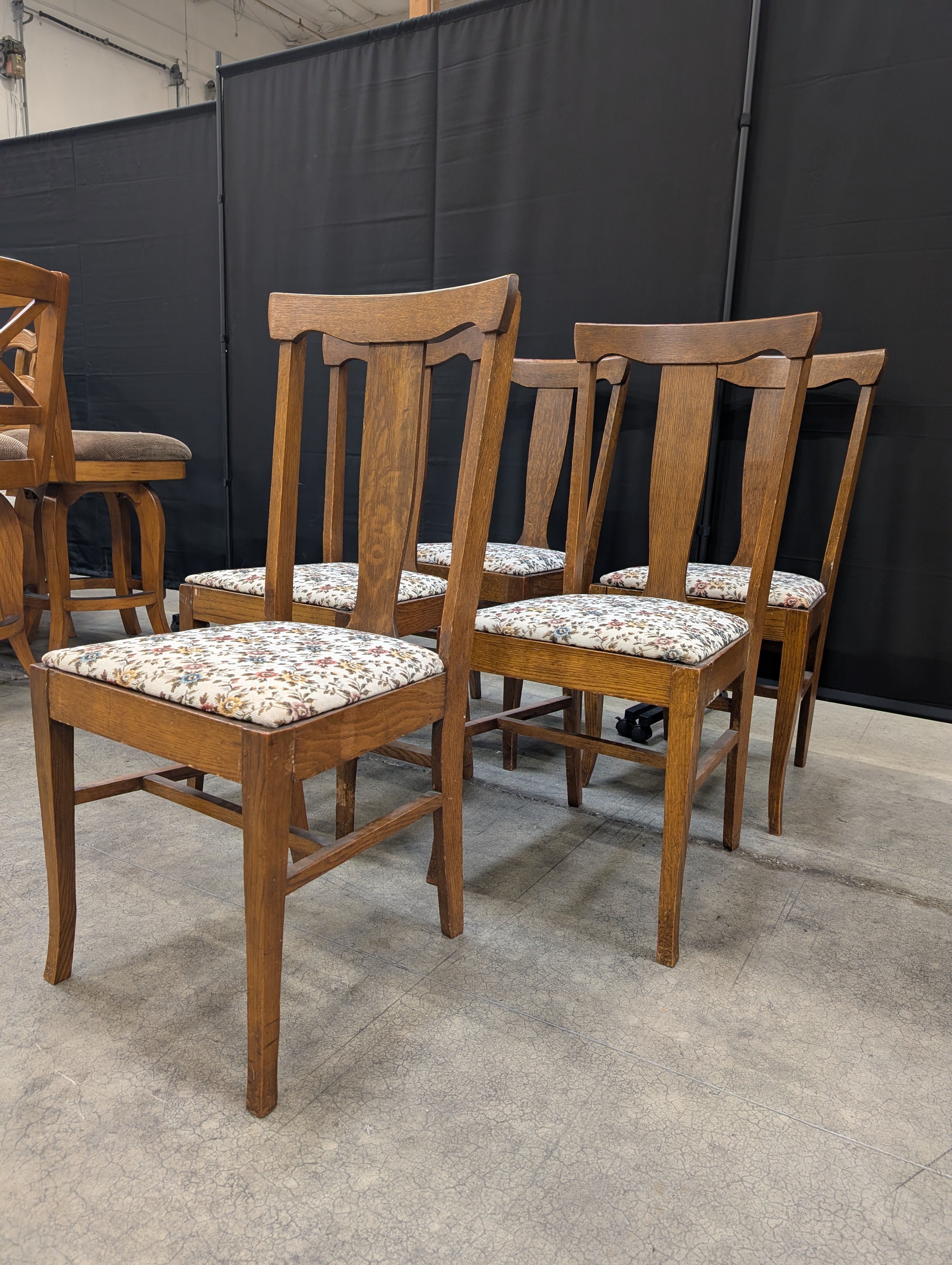 Set of Five Traditional Wooden Dining Chairs with Floral Upholstery