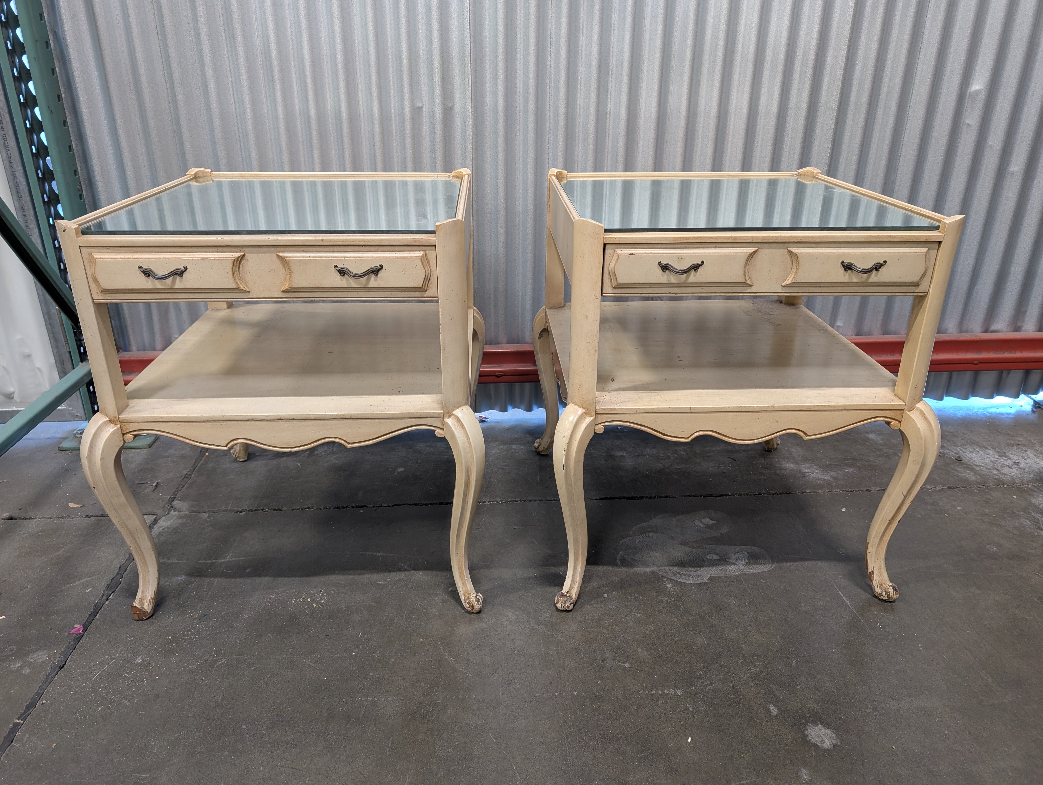 Pair of Vintage French Provincial Style Mirrored Top Side Table with Drawers