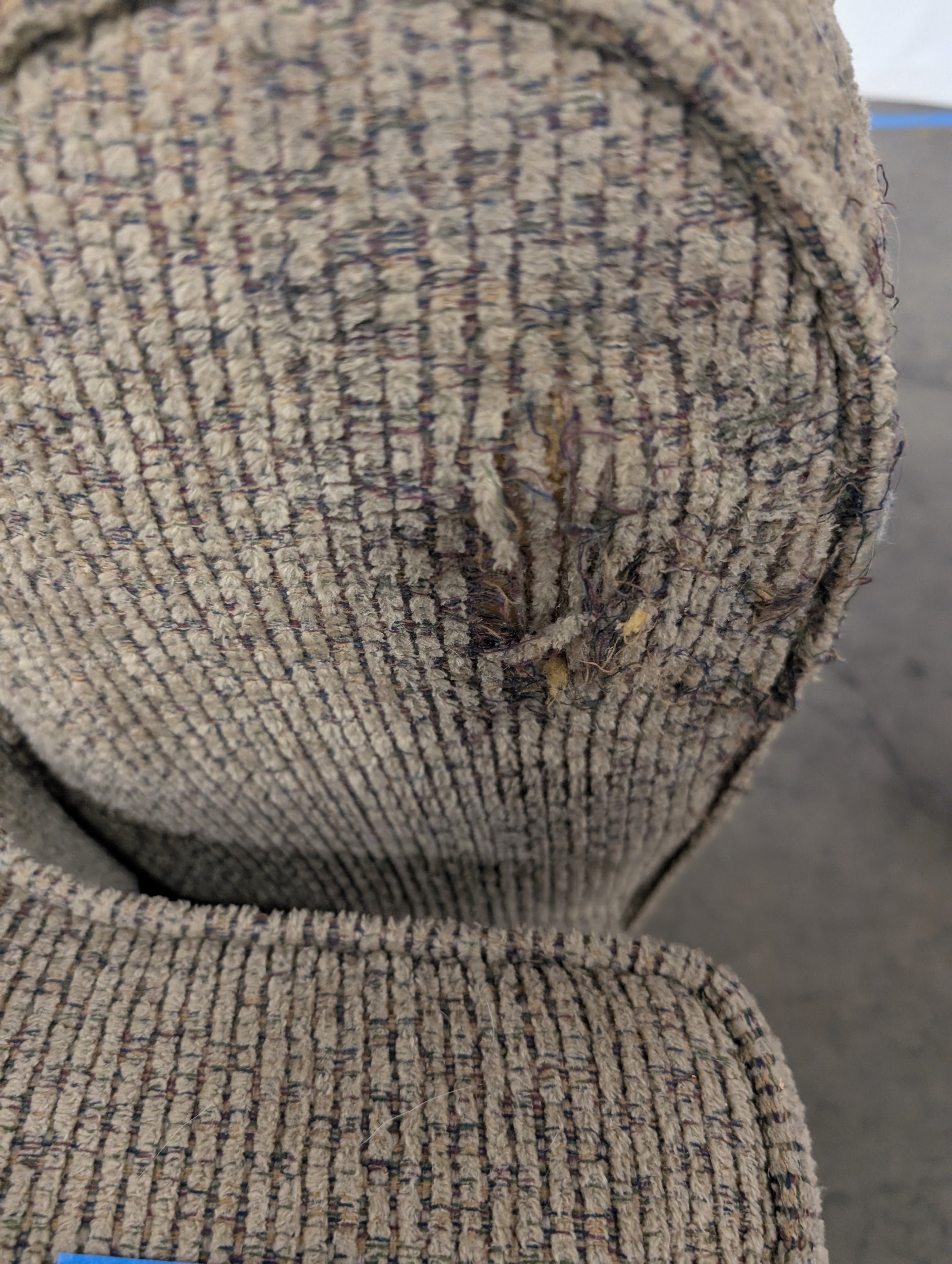 Textured Tan Fabric Two-Cushion Couch with Rolled Arms