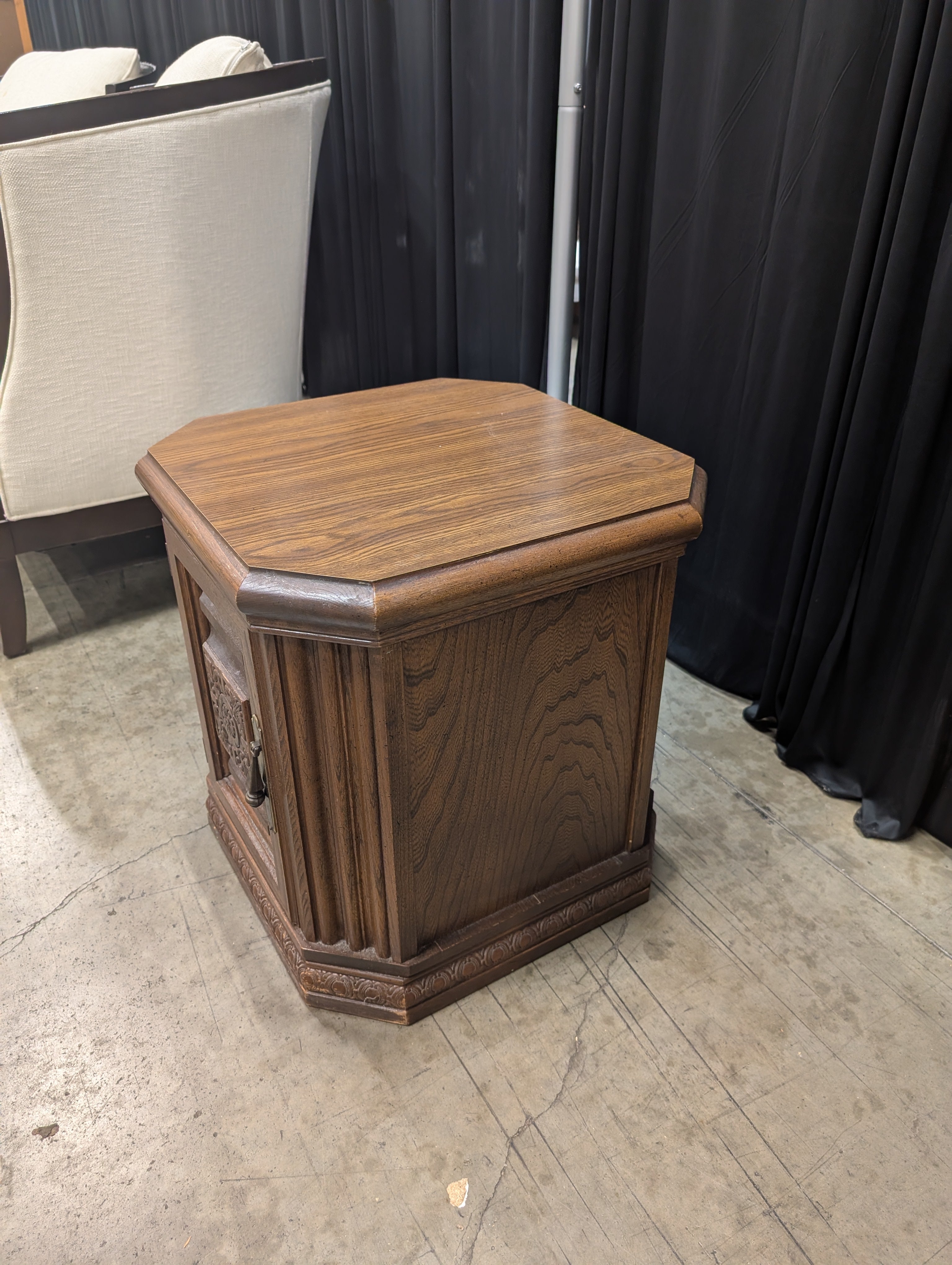 Vintage Hexagonal Wood End Table with Carved Door