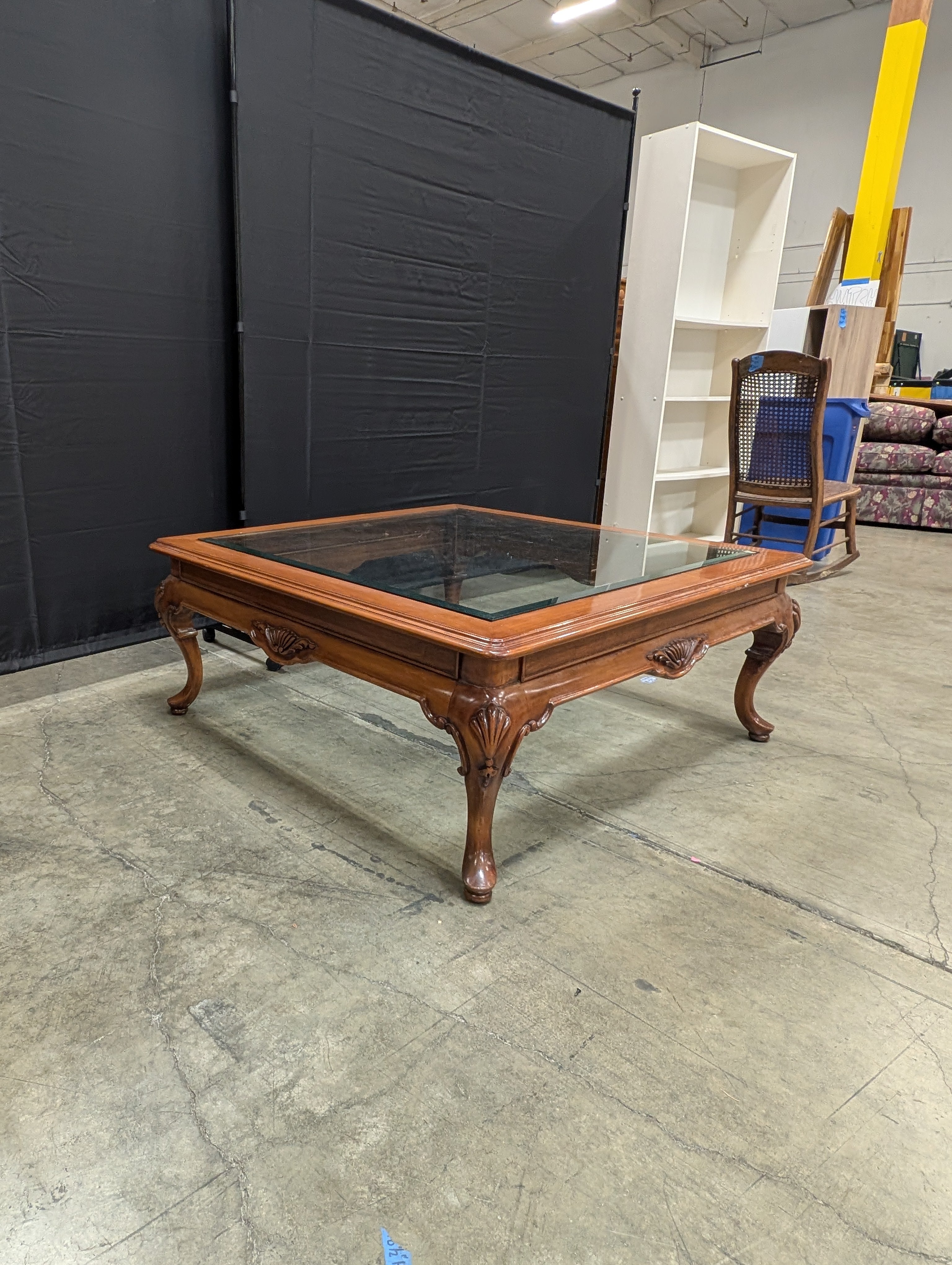 Traditional Carved Wood and Glass Top Coffee Table