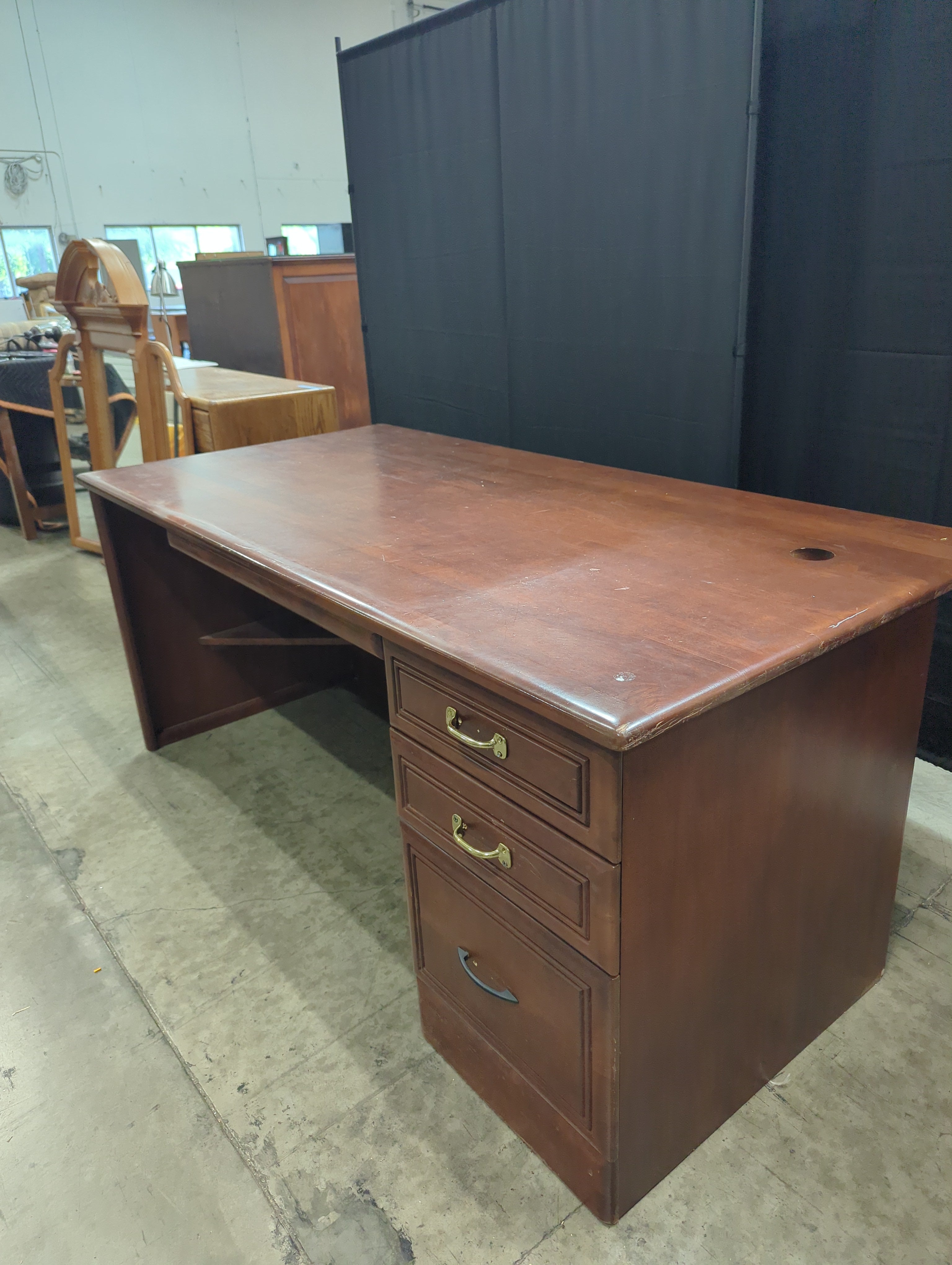 Sturdy Traditional Wood Office Desk with Storage - Reddish-Brown Finish