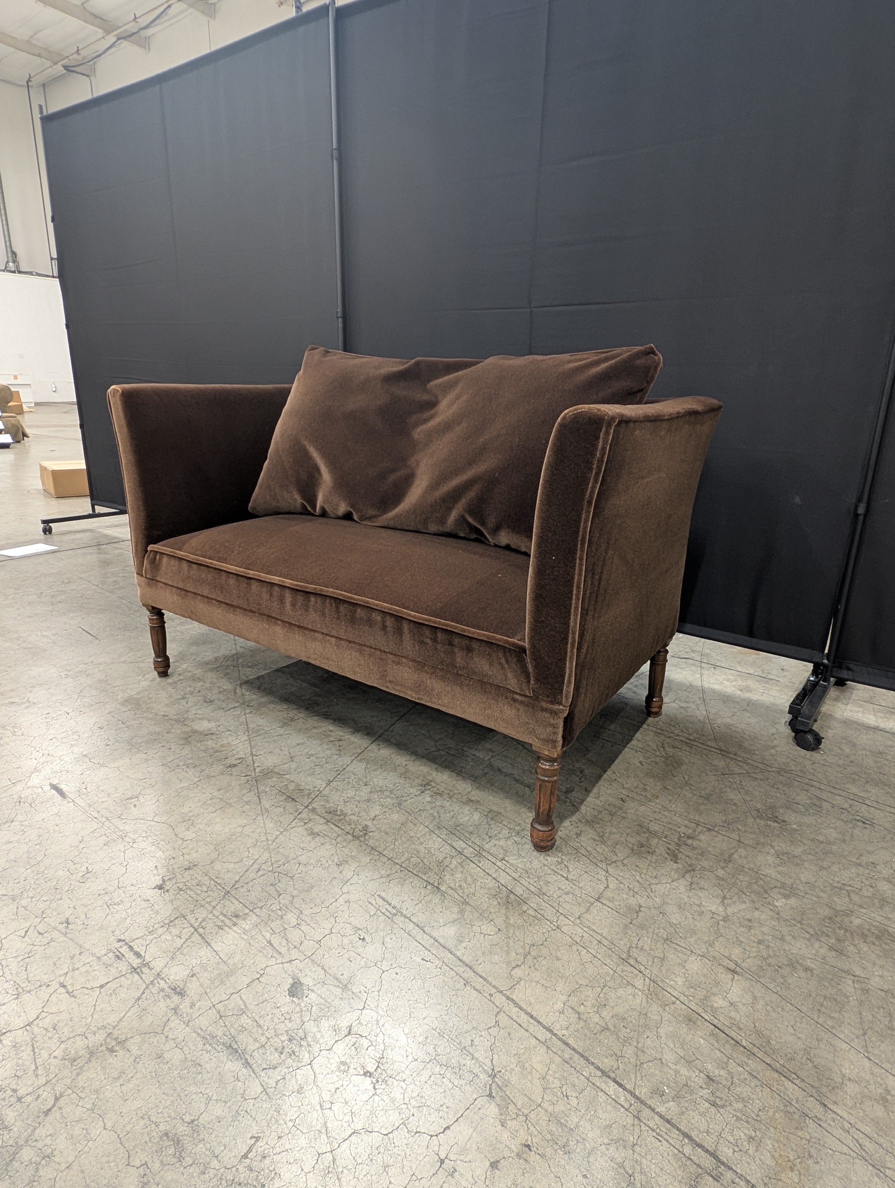 Brown Velvet Two-Seater Settee with Tapered Legs