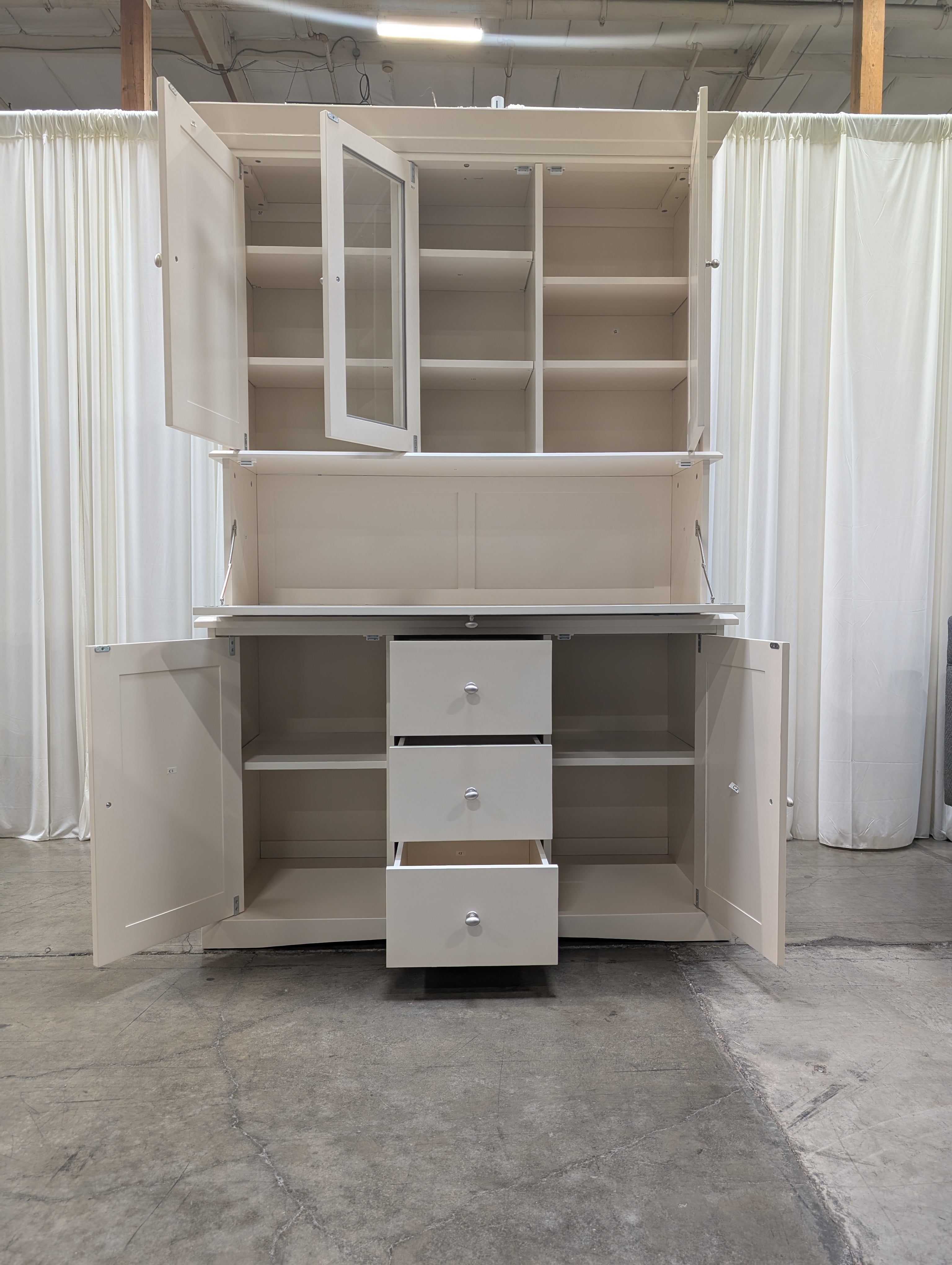 Cream Painted Wood China Cabinet with Crown Molding