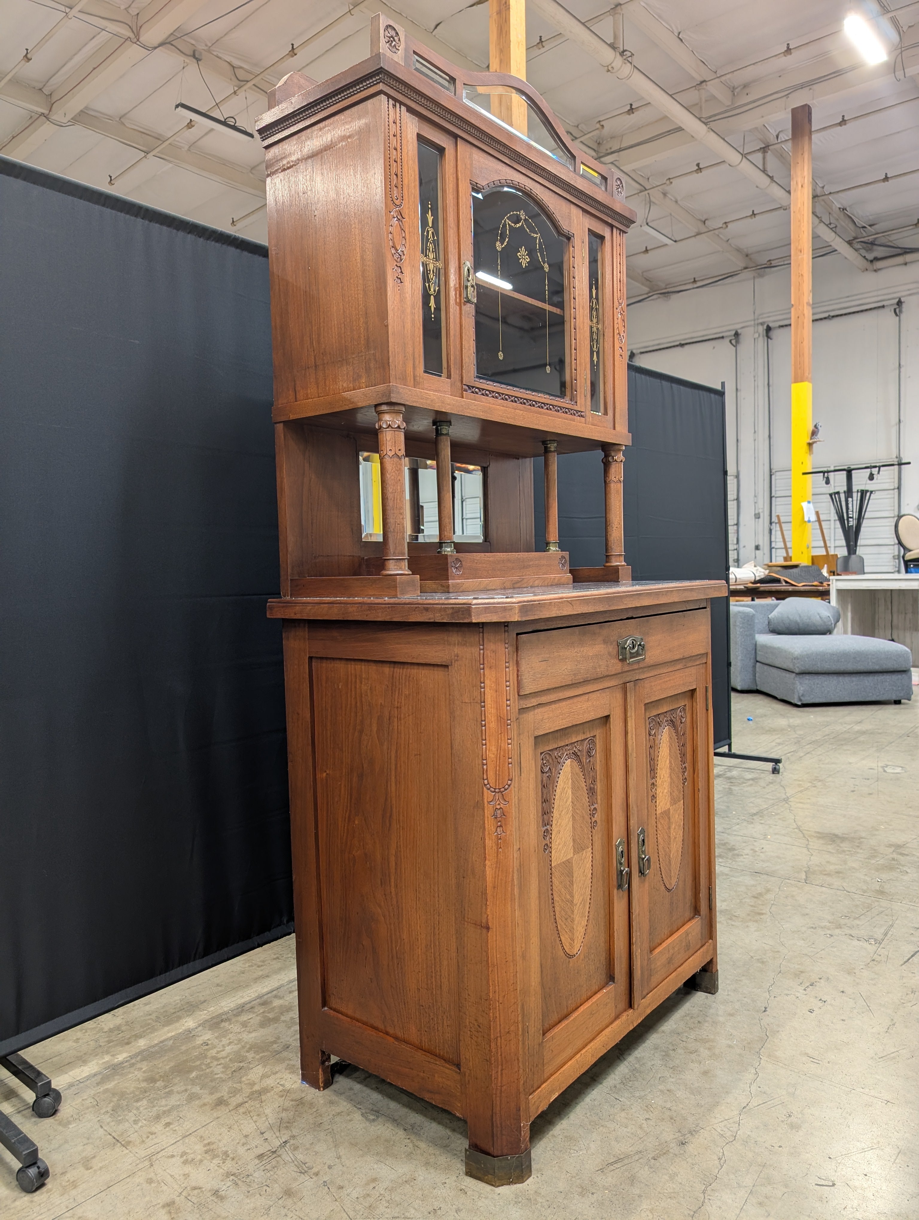 Vintage Carved Hardwood Display Cabinet with Marble Top