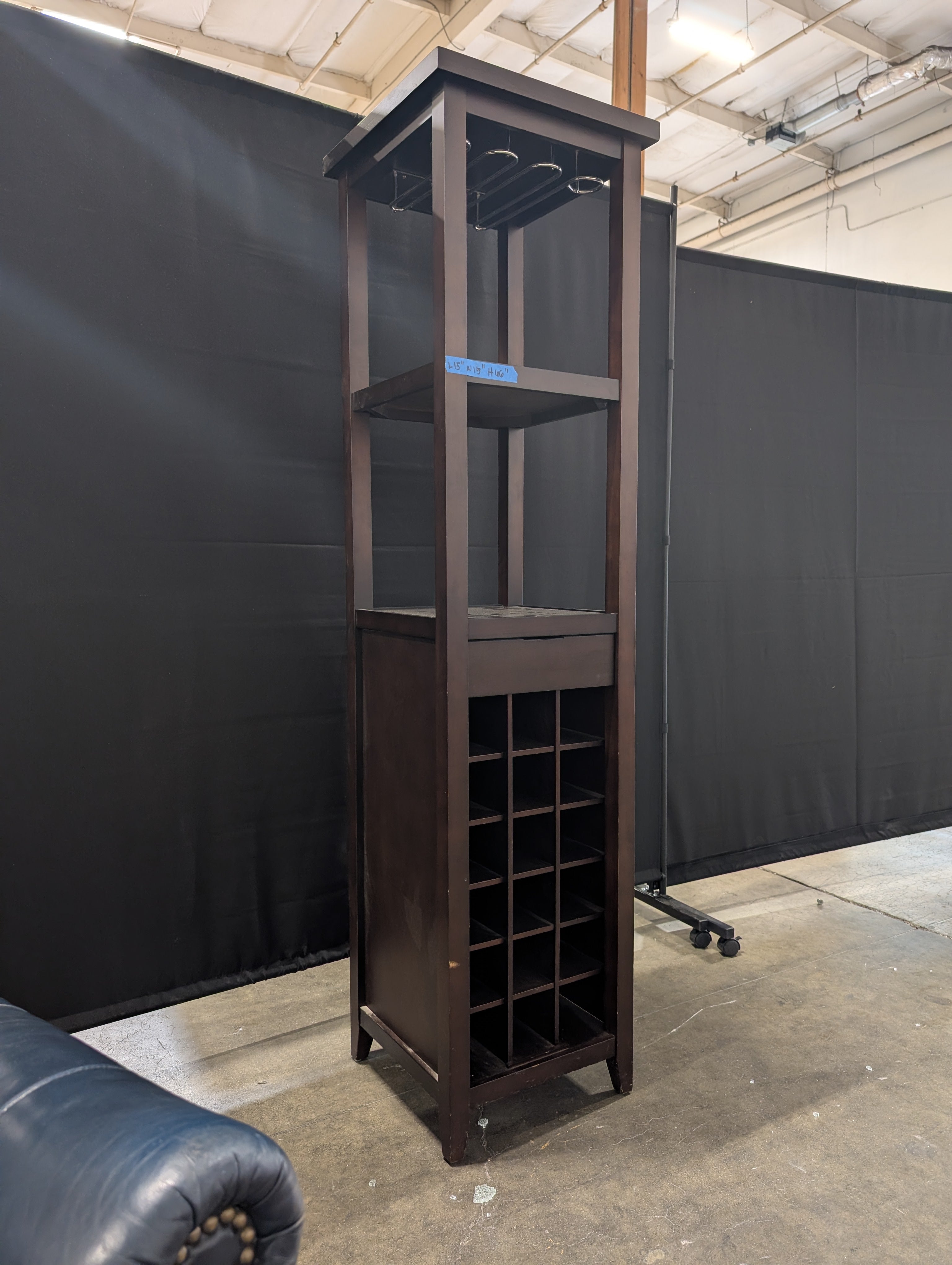 Dark Wood Freestanding Bar Cabinet with Glass Rack