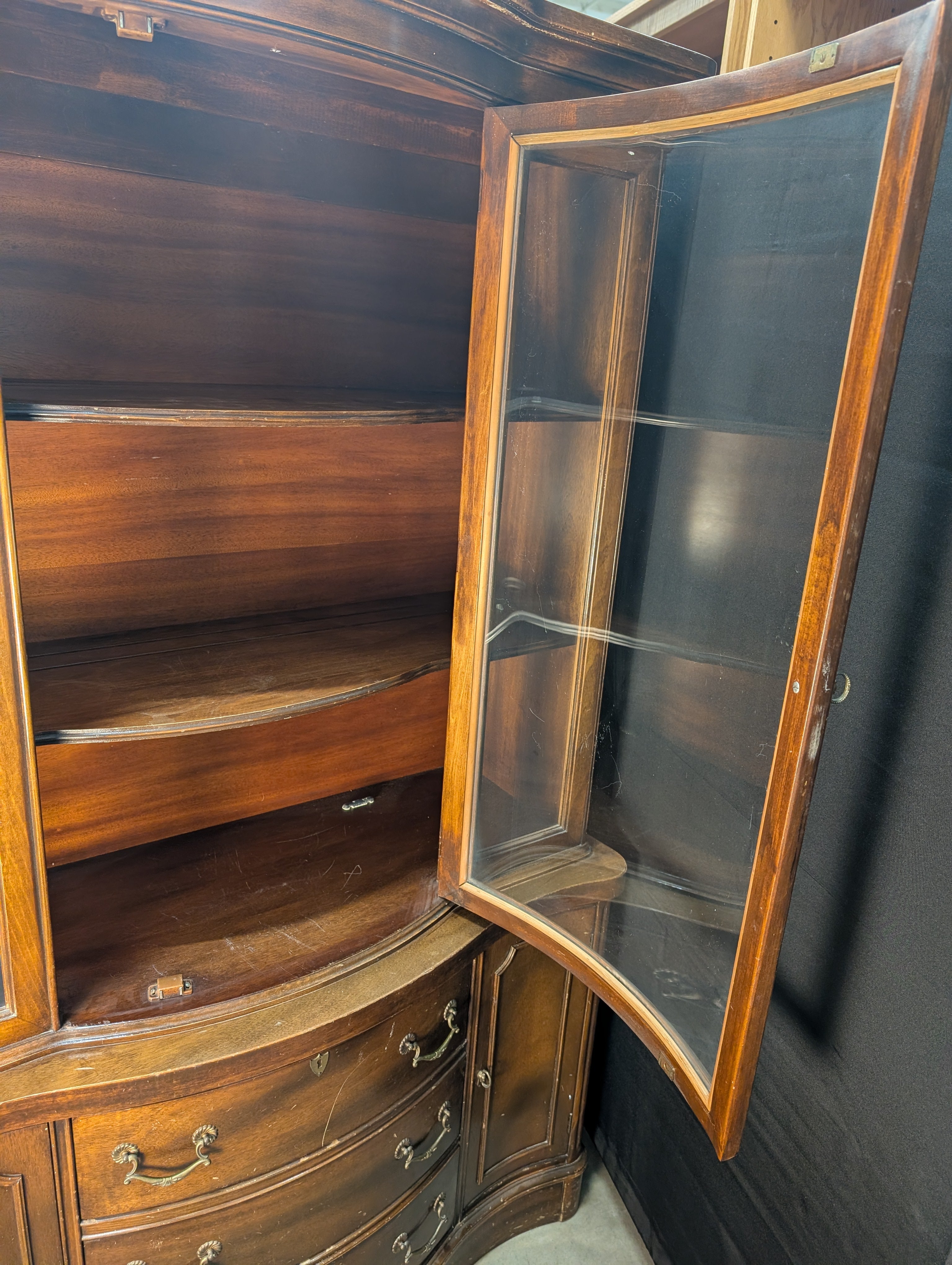 Curved Hardwood China Cabinet with Glass Doors