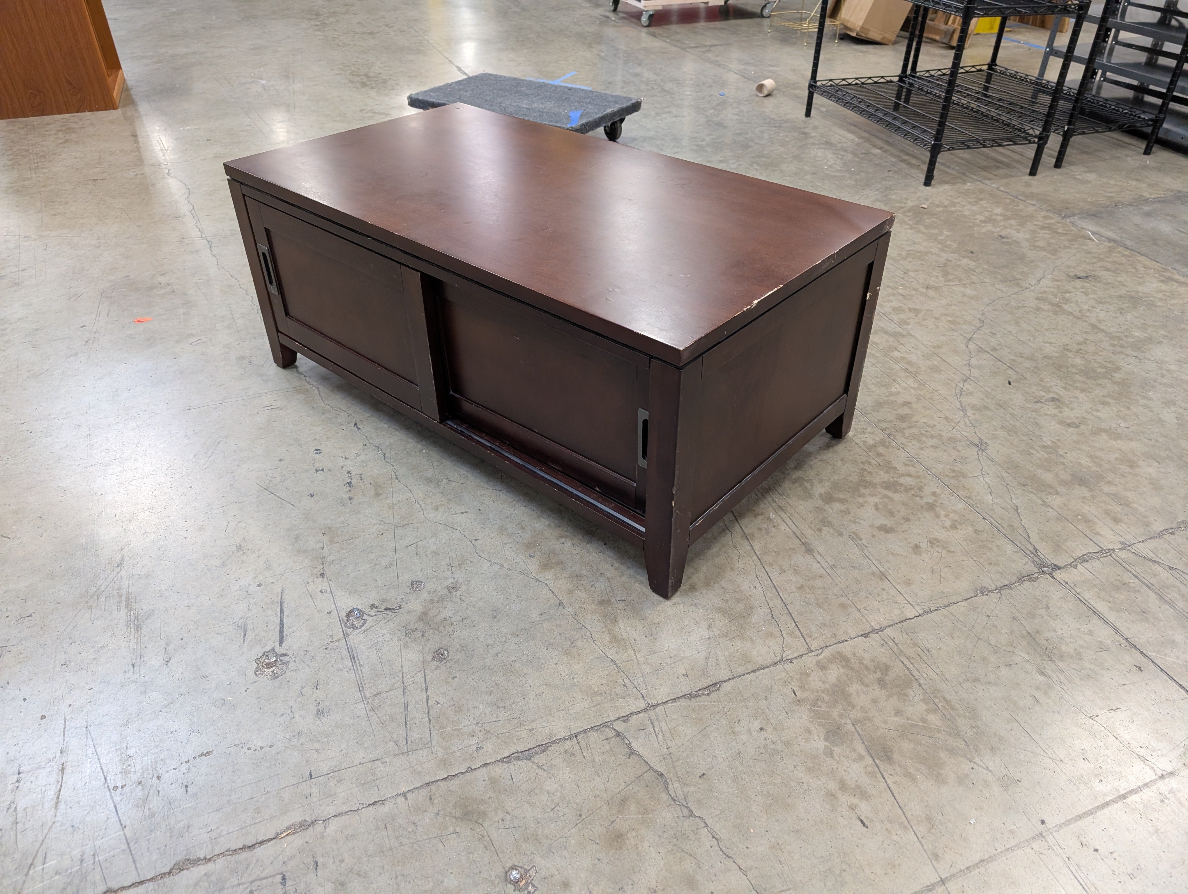 Contemporary Dark Wood Media Console with Sliding Doors