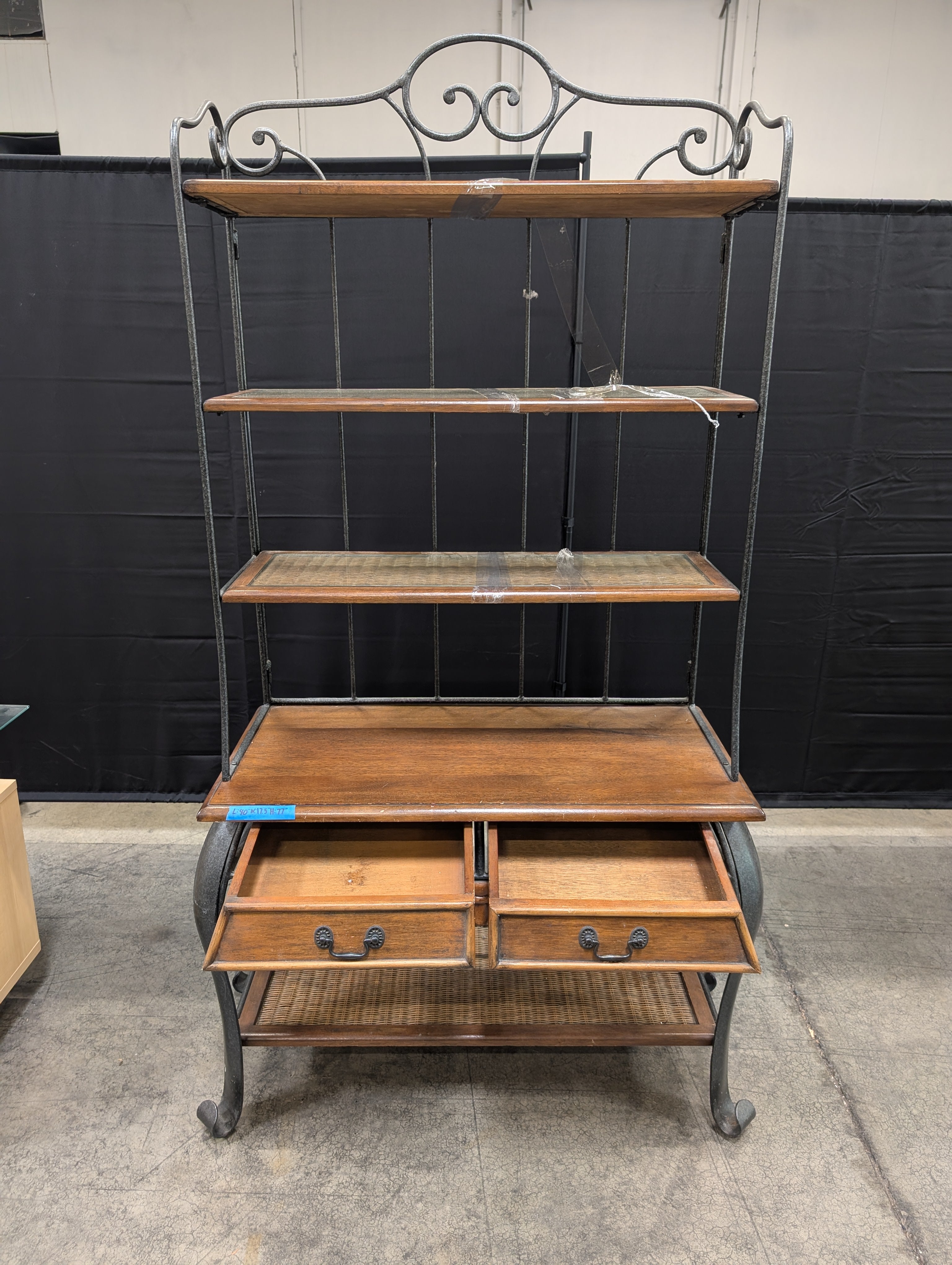 Wrought Iron and Wood Baker's Rack with Drawers