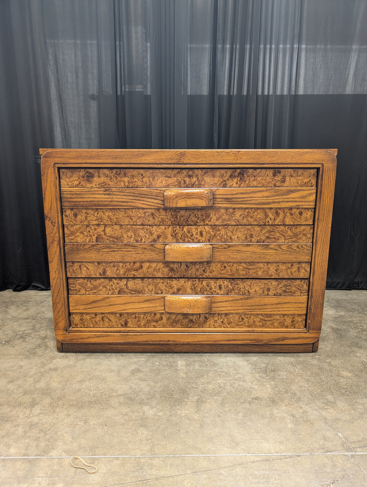 Warm Brown Hardwood Three-Drawer Dresser with Burl Grain Fronts
