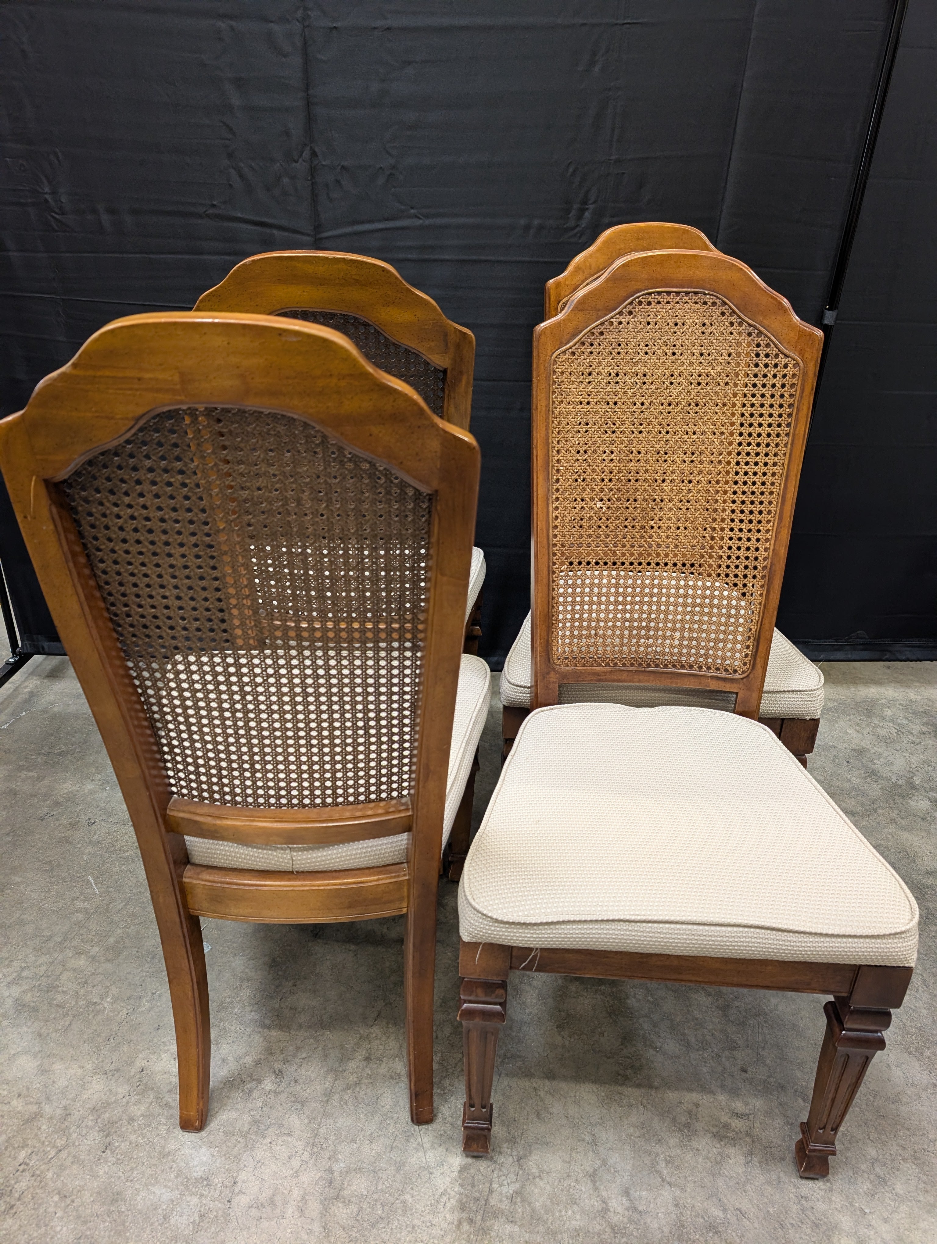 Vintage Style Cane Back Dining Chairs with Upholstered Seats