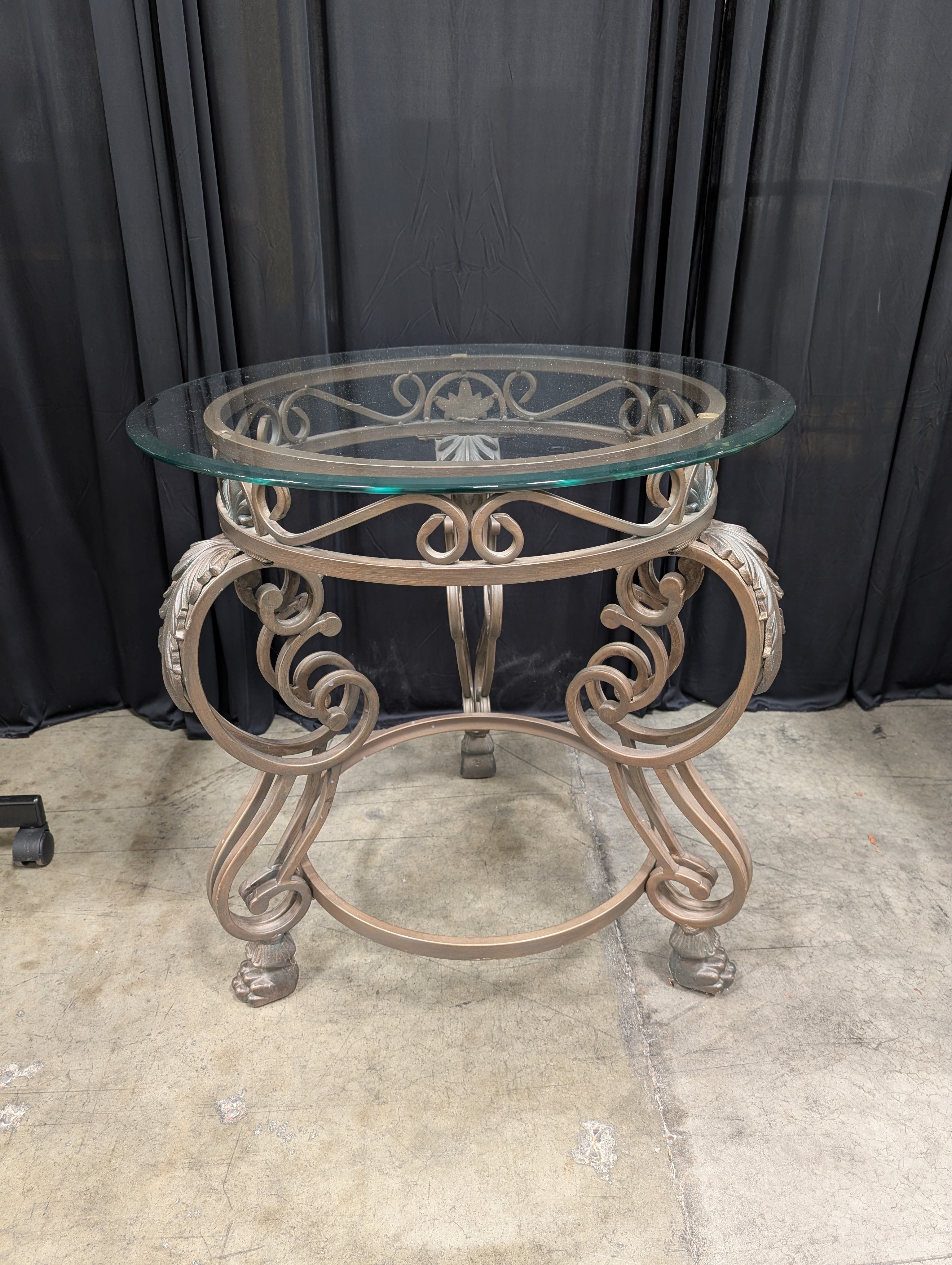Ornate Bronze Finish Round End Table with Glass Top