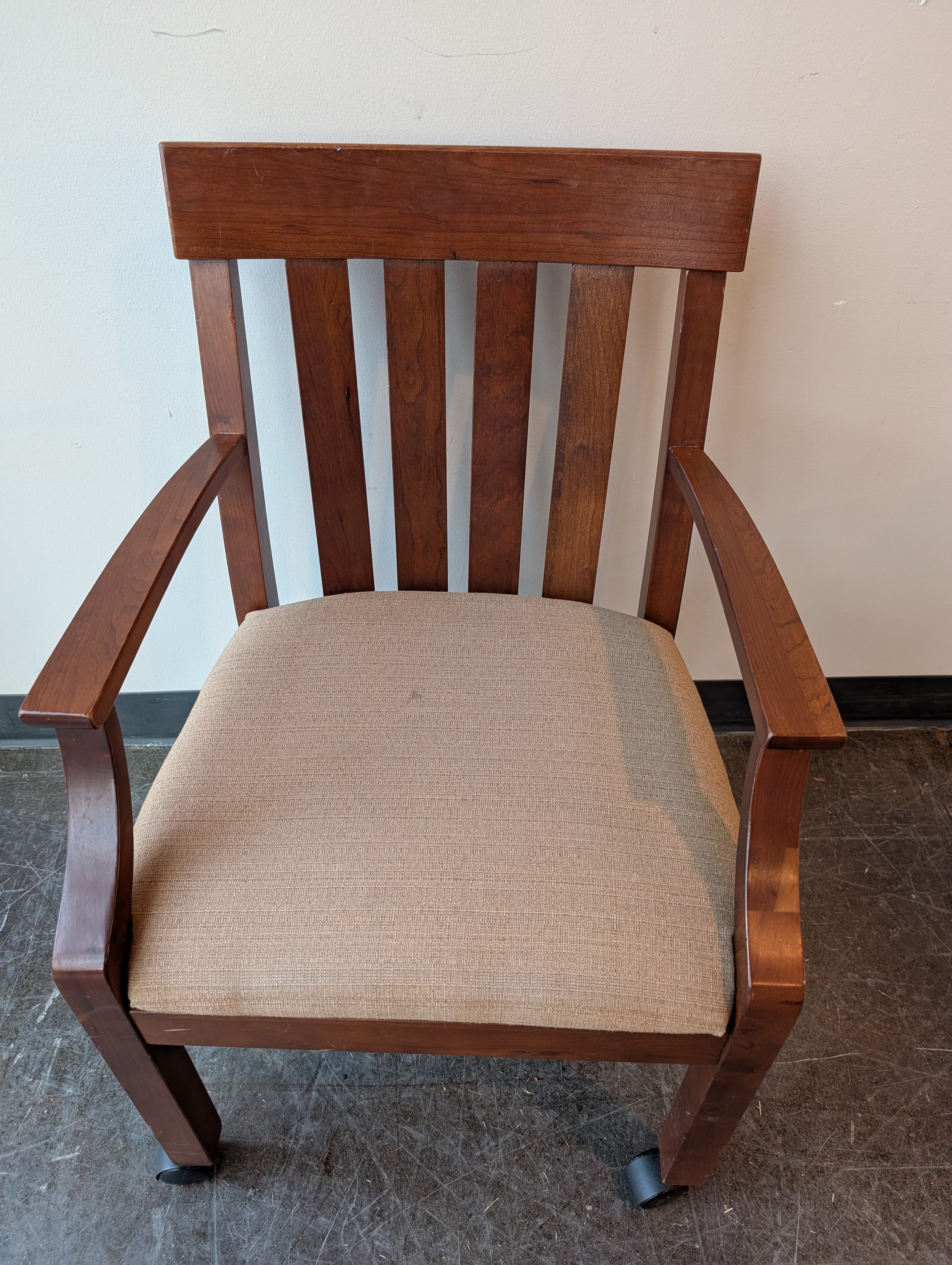 Brown Wood Armchair with Slatted Back and Upholstered Seat