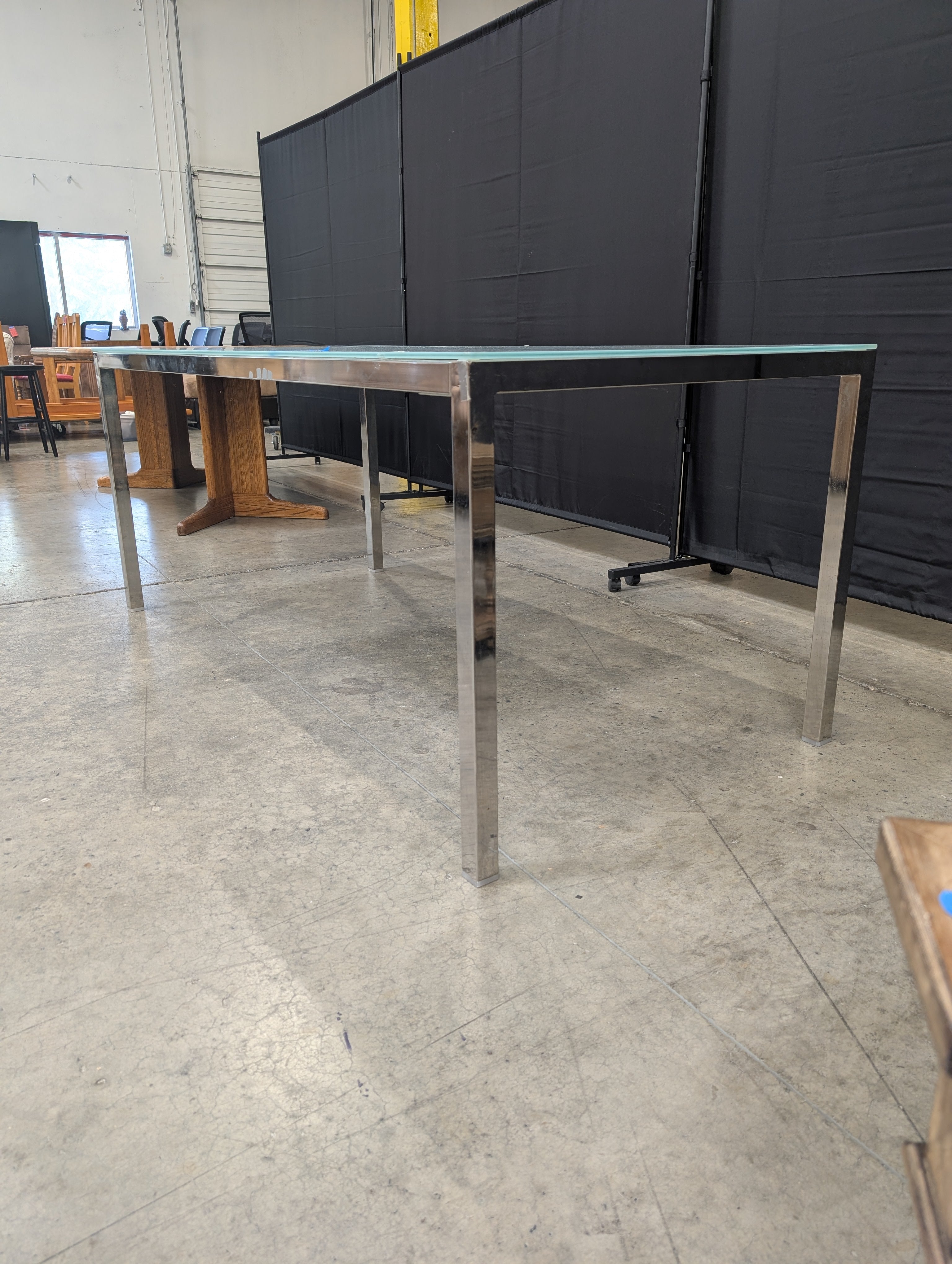 Contemporary Frosted Glass Top Dining Table with Polished Metal Legs