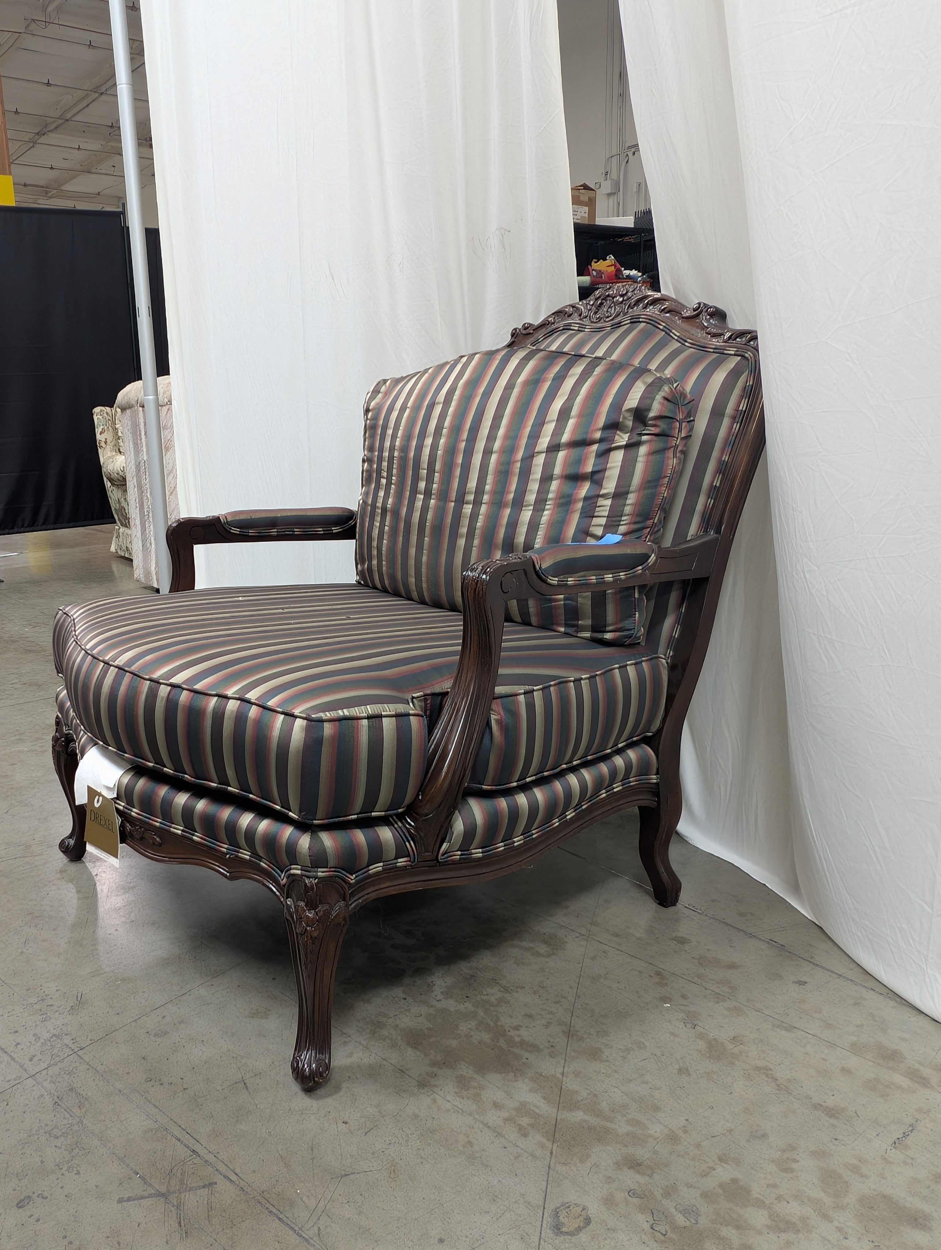 Carved Wood Drexel Accent Armchair with Striped Upholstery