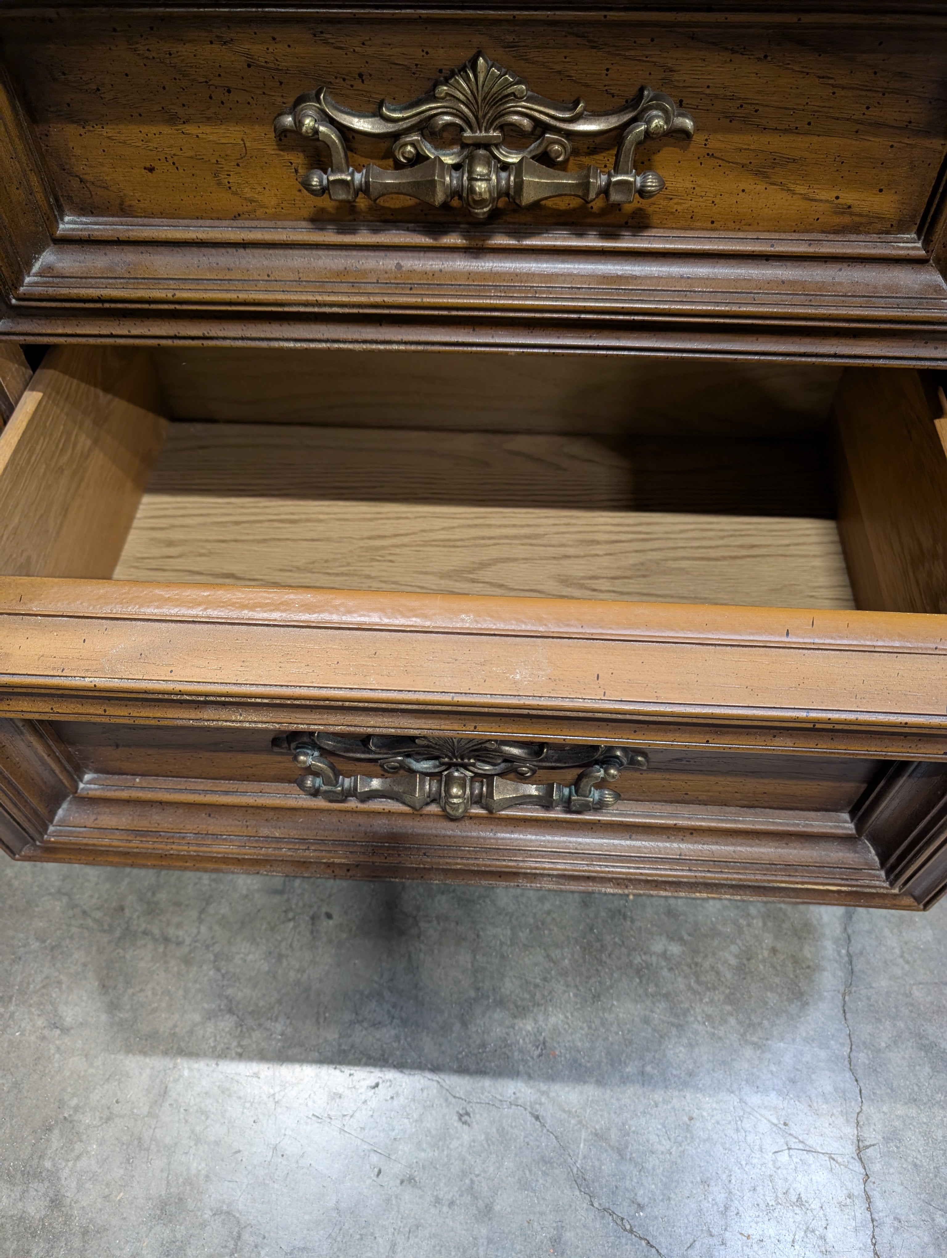 Ornate Traditional Dark Wood Dresser with Nine Drawers and Two Carved Mirrors