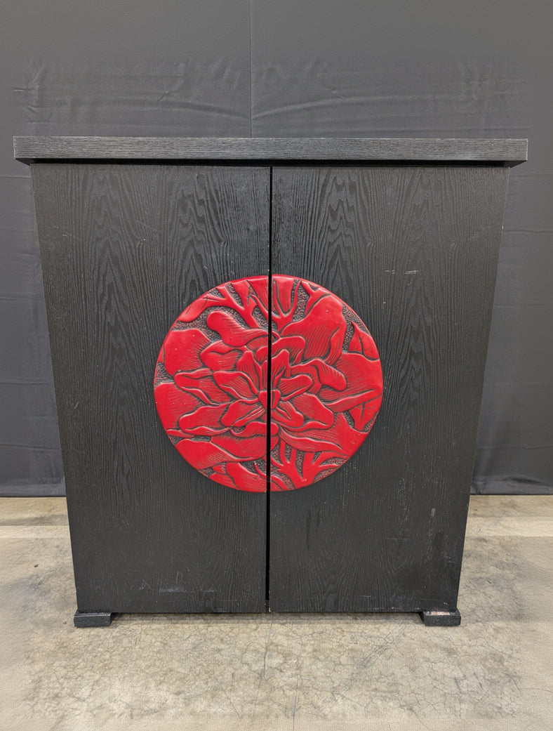 Decorative Black Wood Cabinet with Red Floral Motif Doors