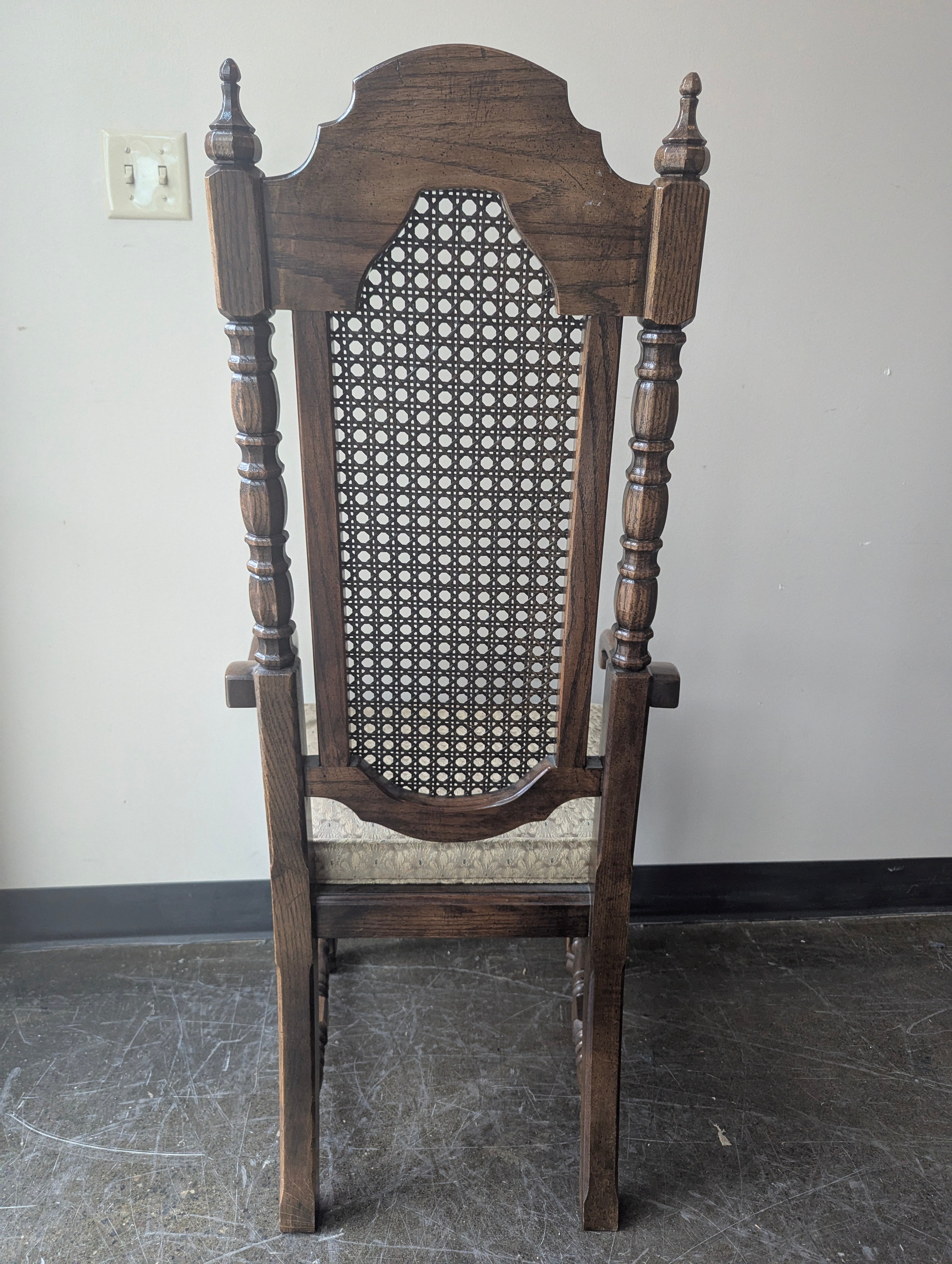 Vintage Dark Wood Armchair with Cane Back and Upholstered Seat