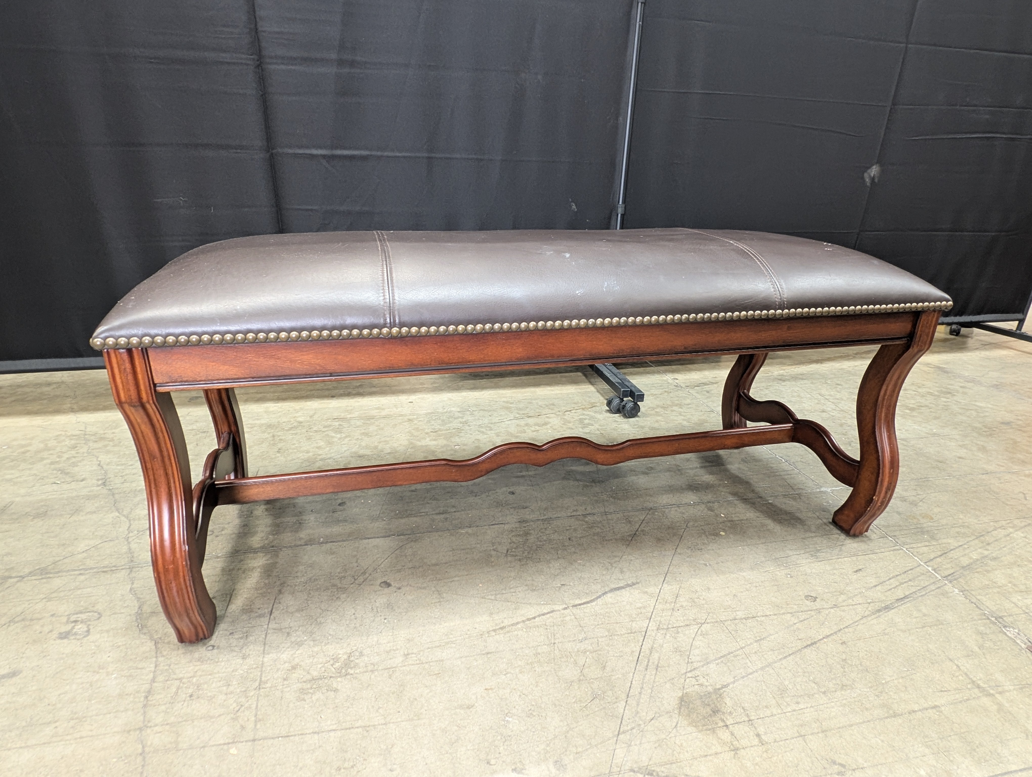 Dark Brown Upholstered Wood Bench with Nailhead Trim