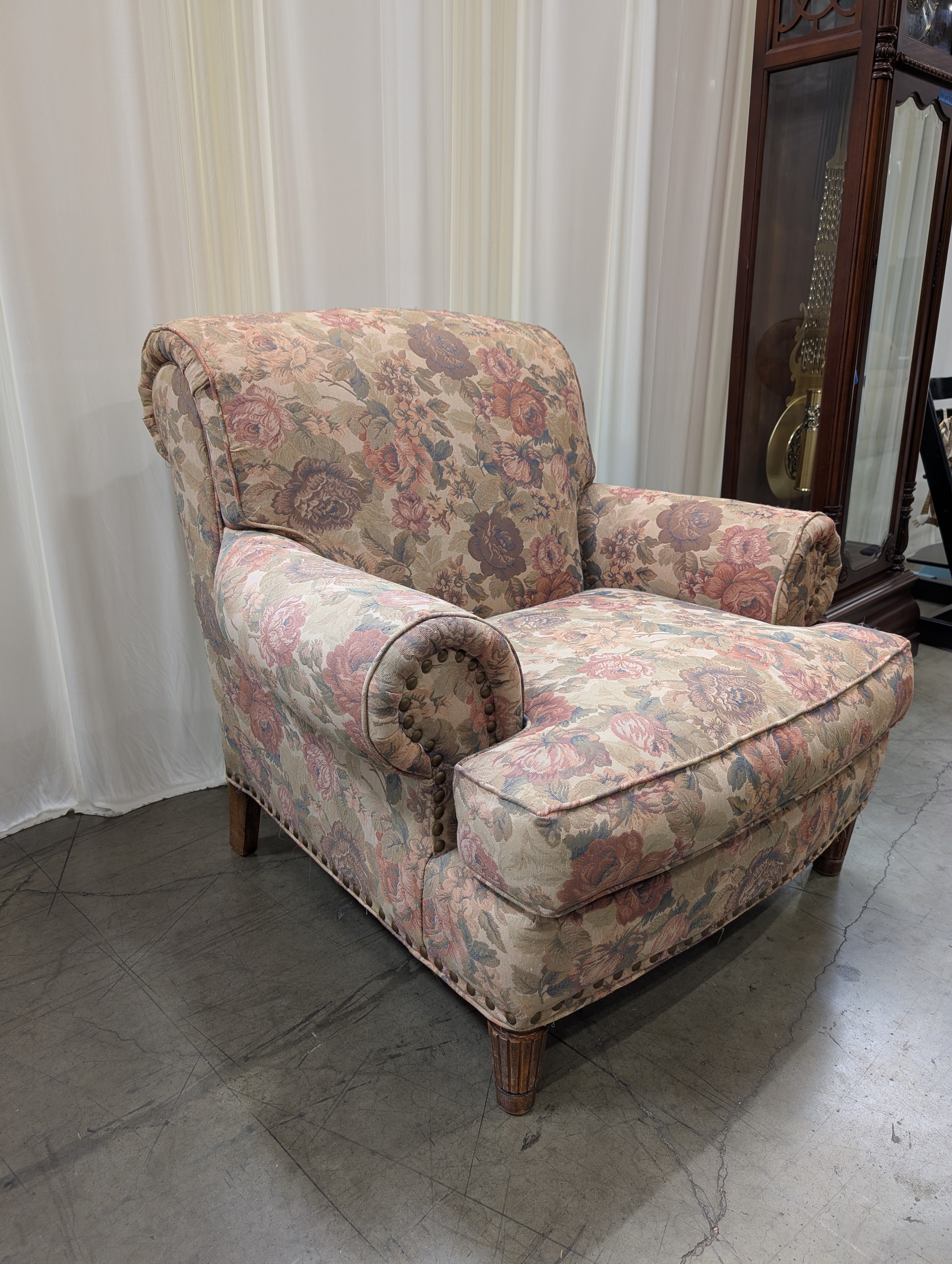 Traditional Floral Upholstered Armchair with Rolled Arms
