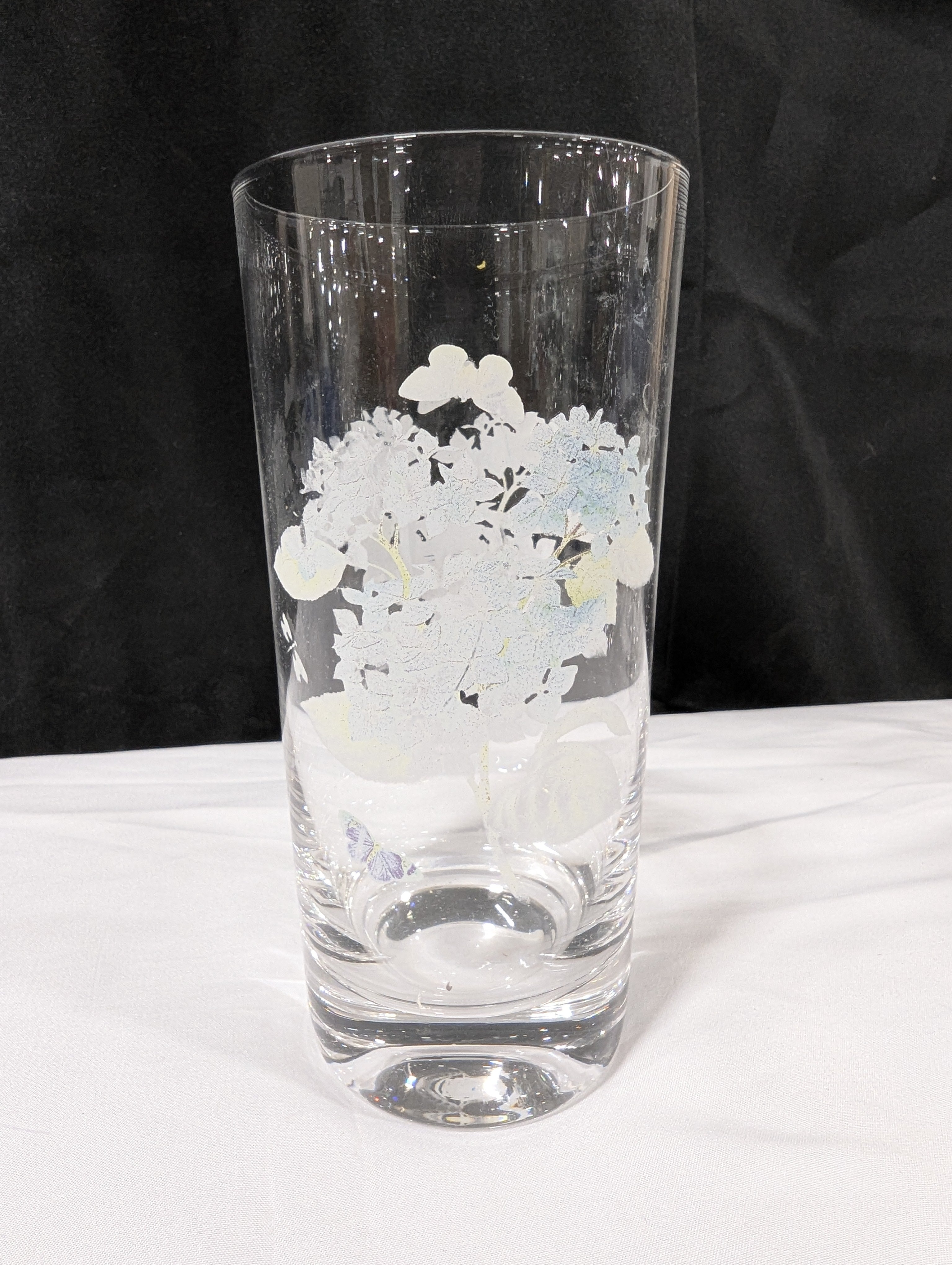 Set of Four Clear Glass Highball Tumblers with Assorted Floral Butterfly Designs