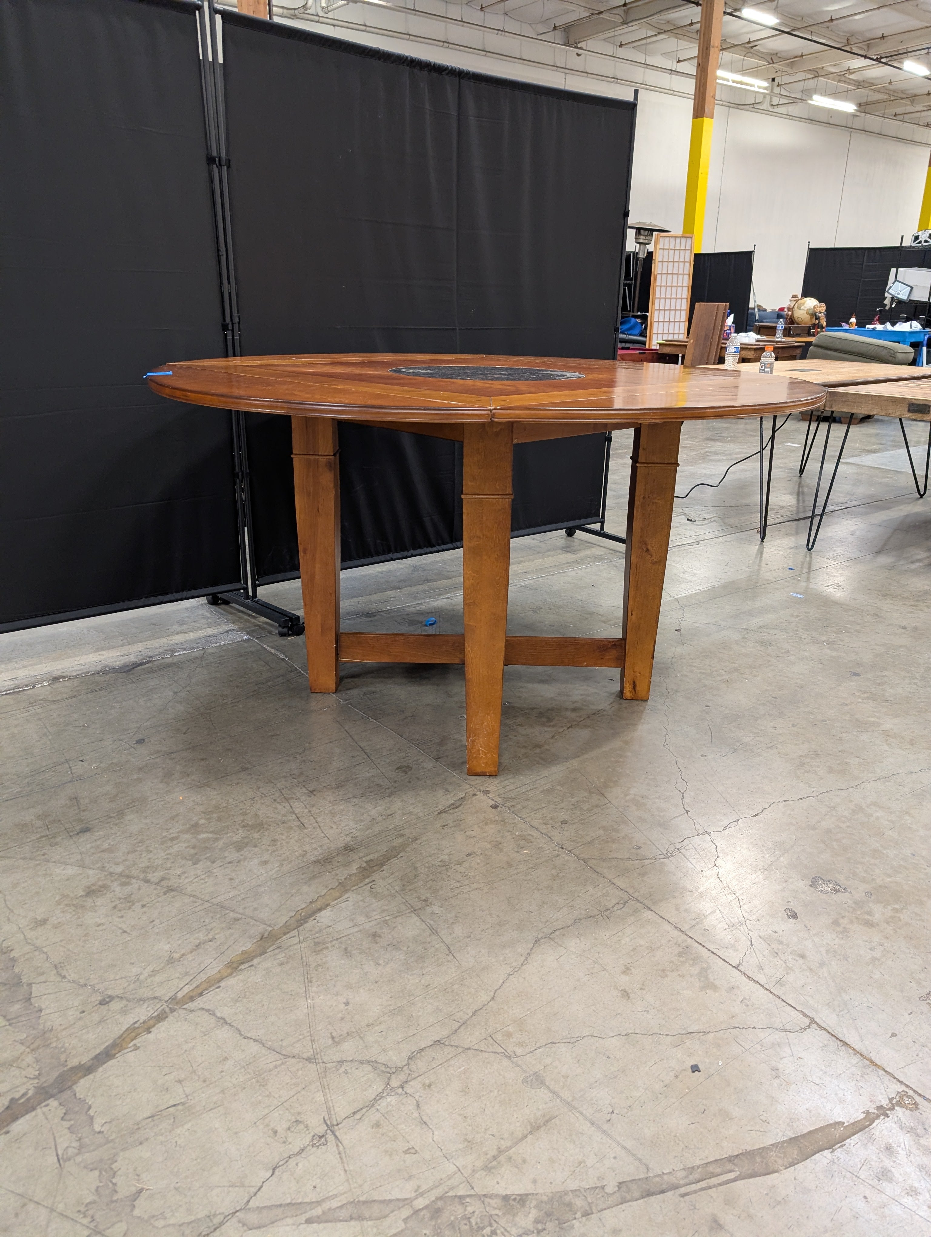 Cherry Finish Wood Dining Table with Round Granite TurnTable