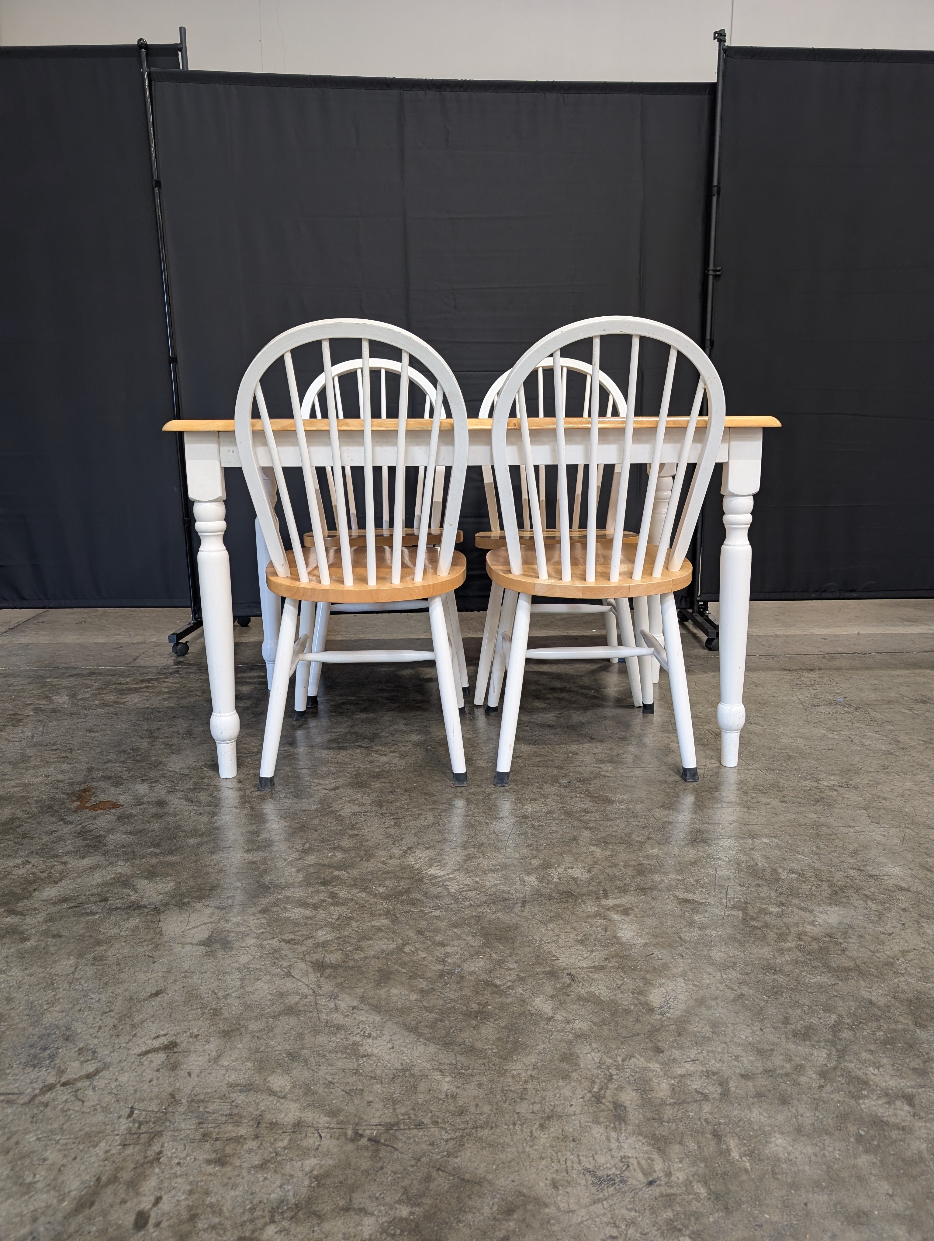 Set of Four Wooden Dining Chairs & Butcher Block Style Dining Table with White Legs
