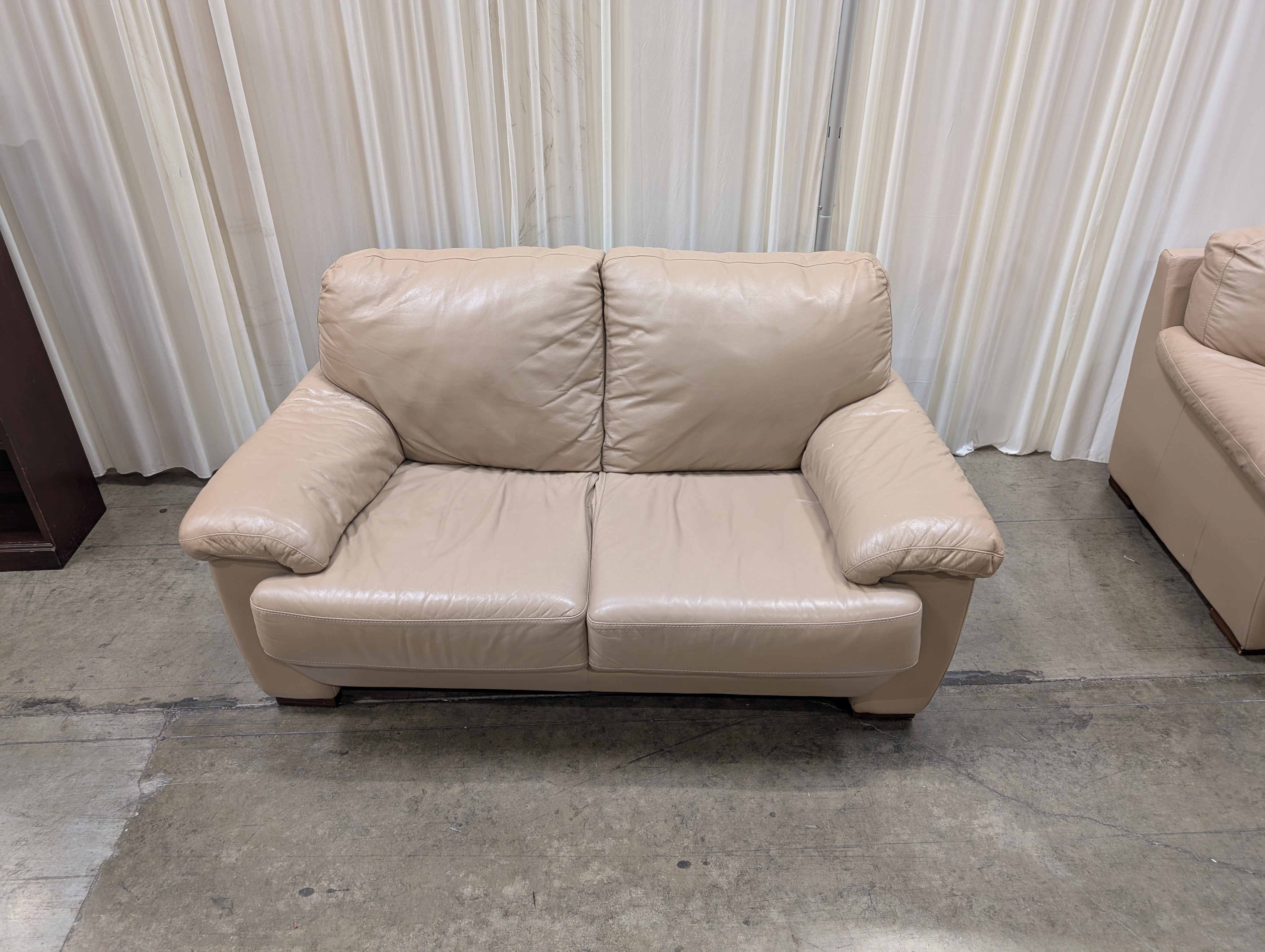 Taupe Overstuffed Loveseat in Leather