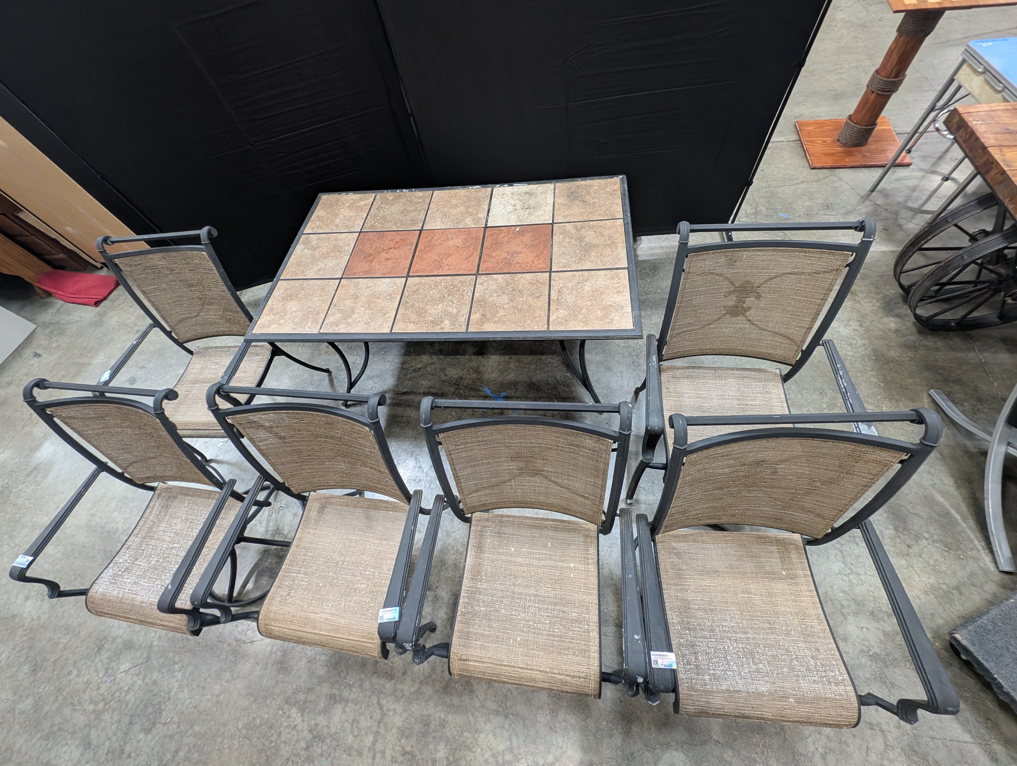 Black Metal Outdoor Patio Table with Tile Insert Grid Top