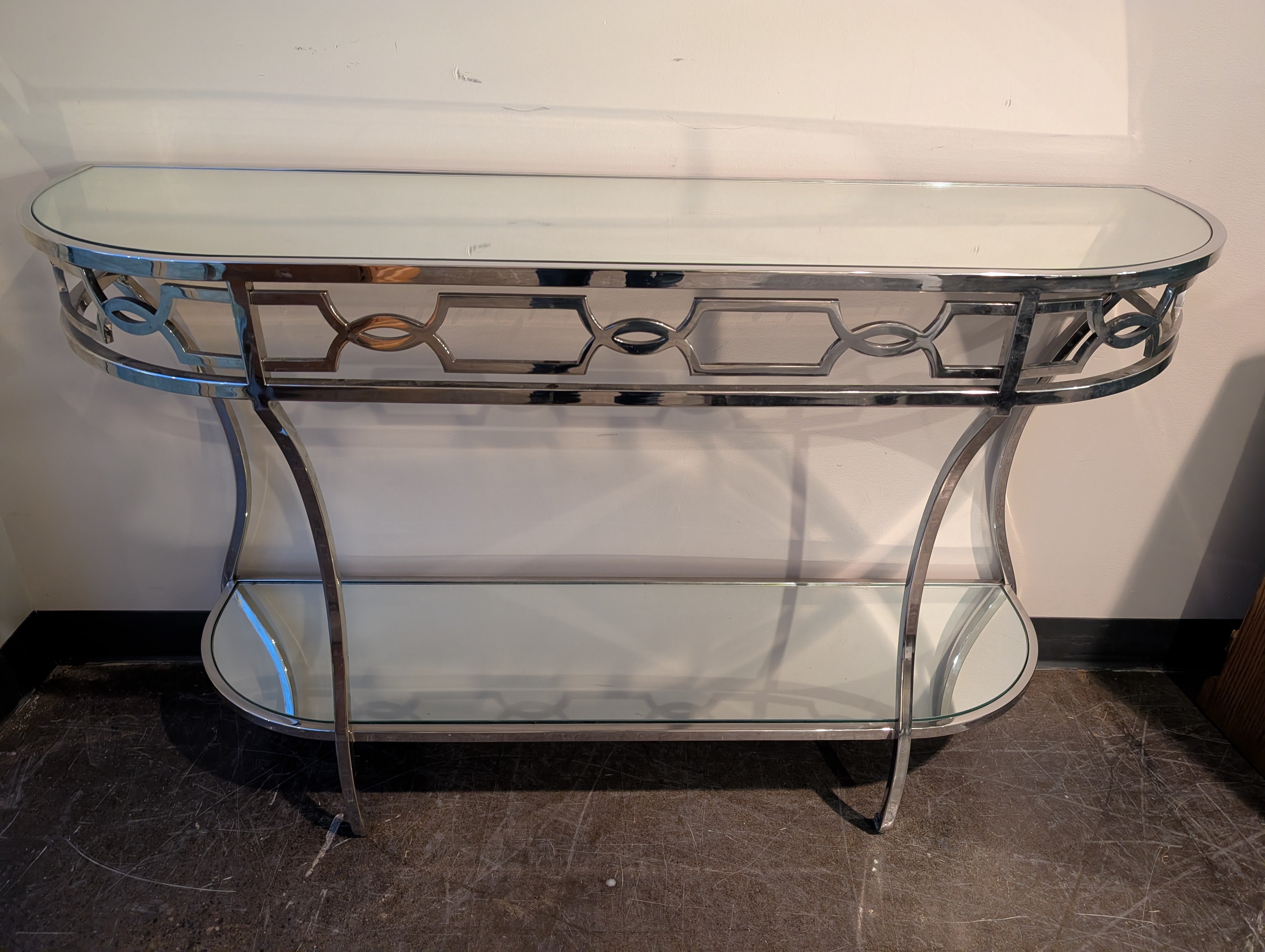 Art Deco Inspired Chrome and Glass Console Table with Mirrored Shelf