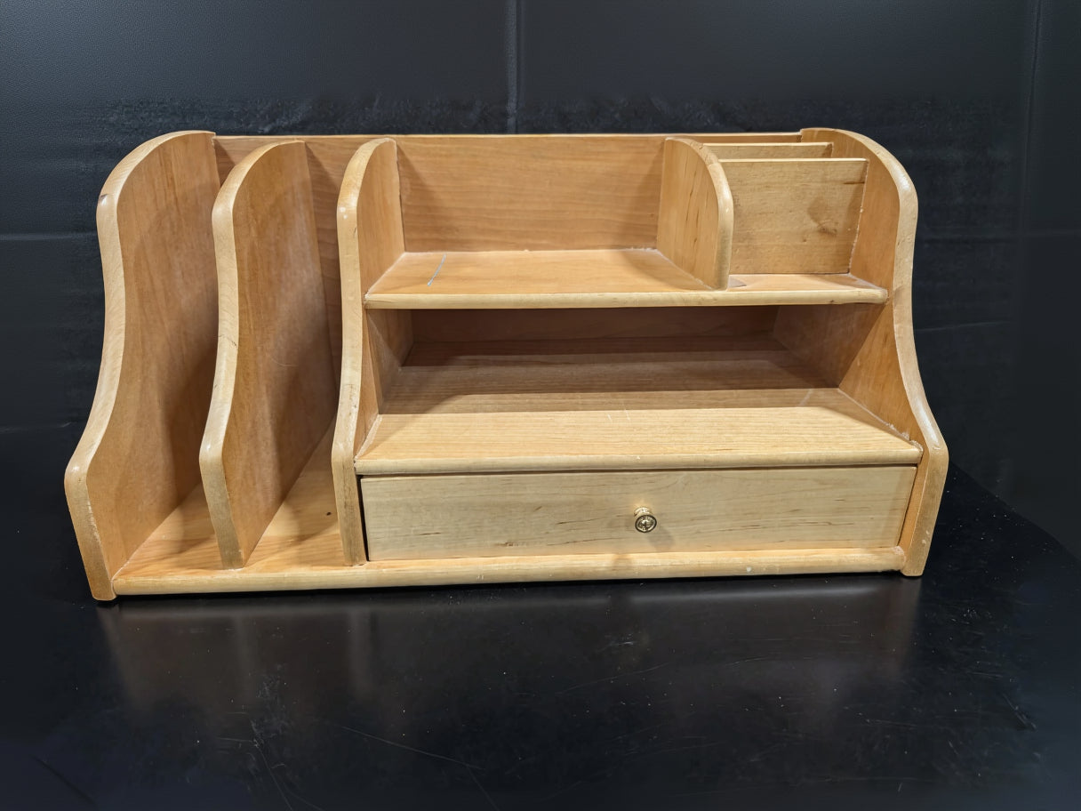 Natural Wood Desktop Organizer with Storage Drawer and File Sorters