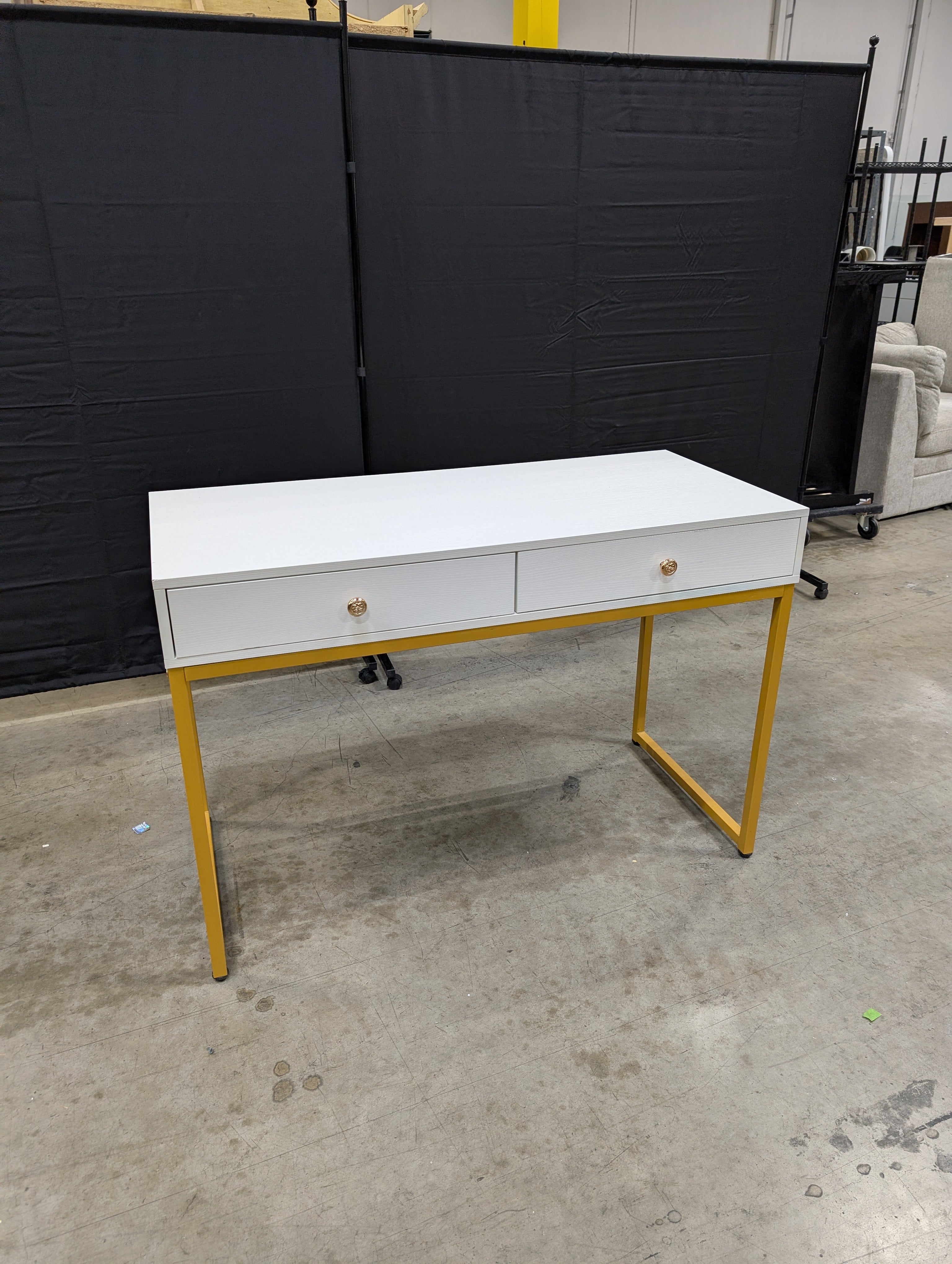 Modern Grey Wood Grain Desk with Gold Tone Metal Frame