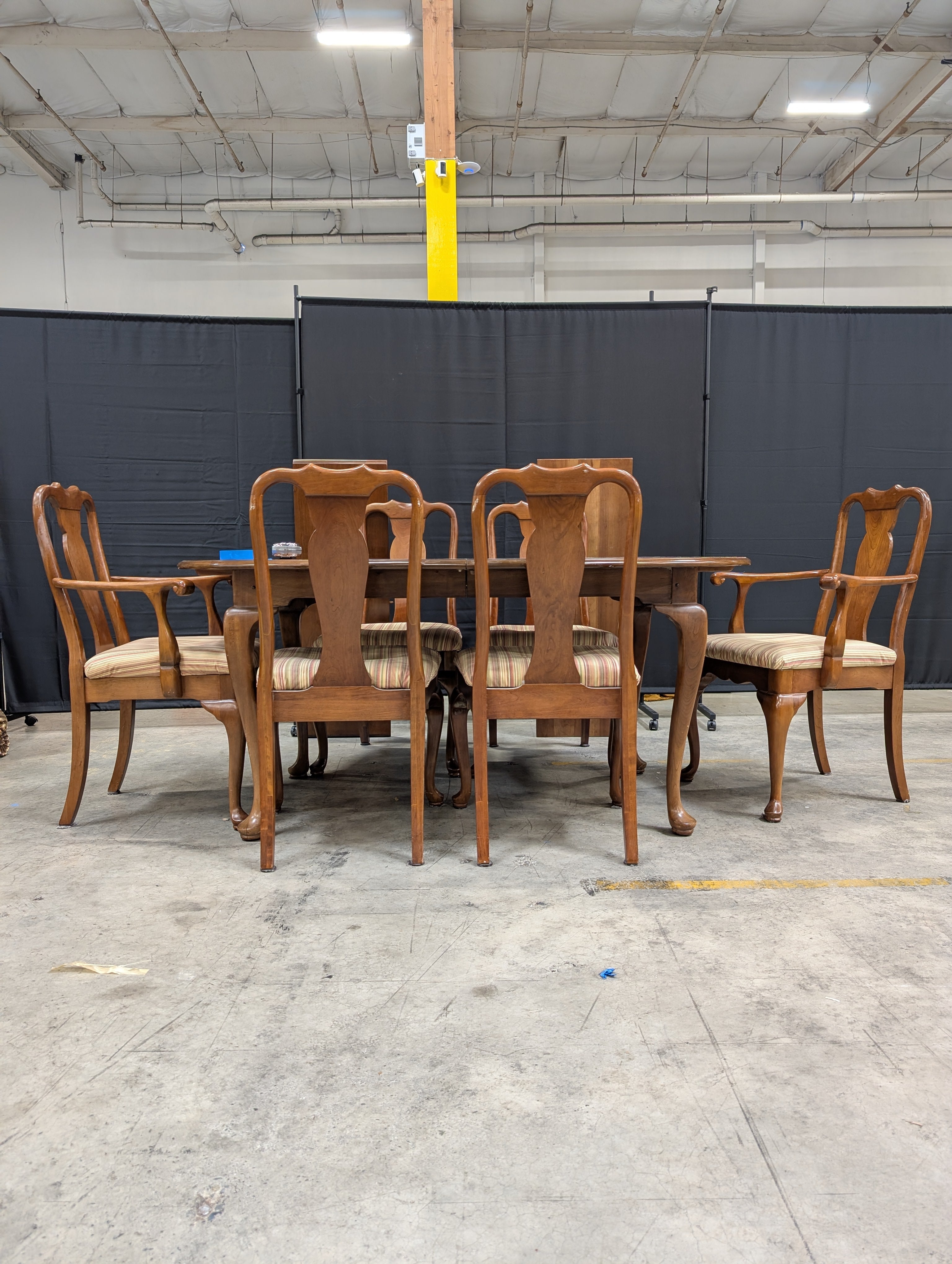 L. & J.G. Stickley Furniture Wood Dining Table with Leafs and Set of Six Carved Back Chairs