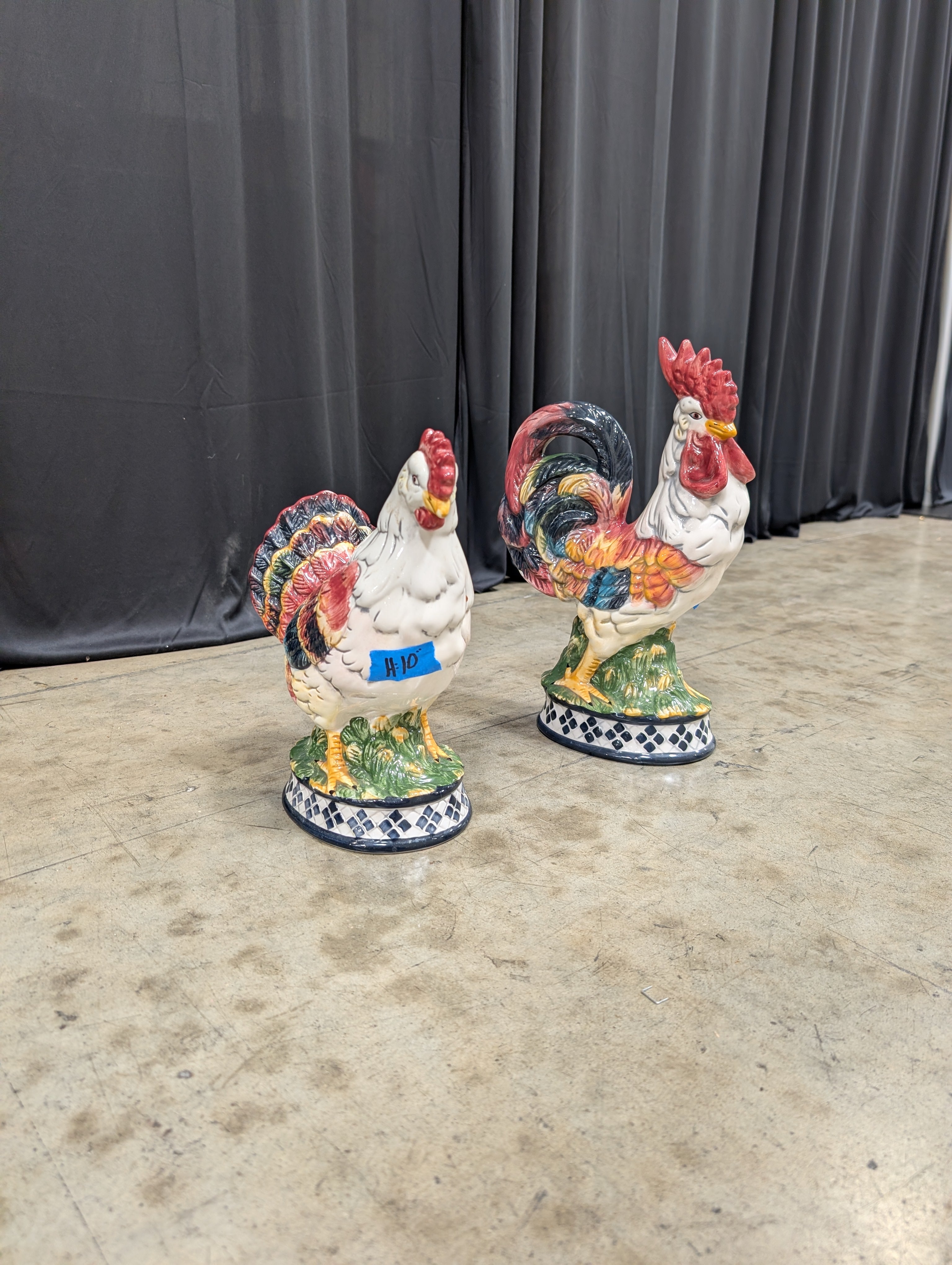 Colorful Ceramic Rooster and Hen Figurines with Checkered Base
