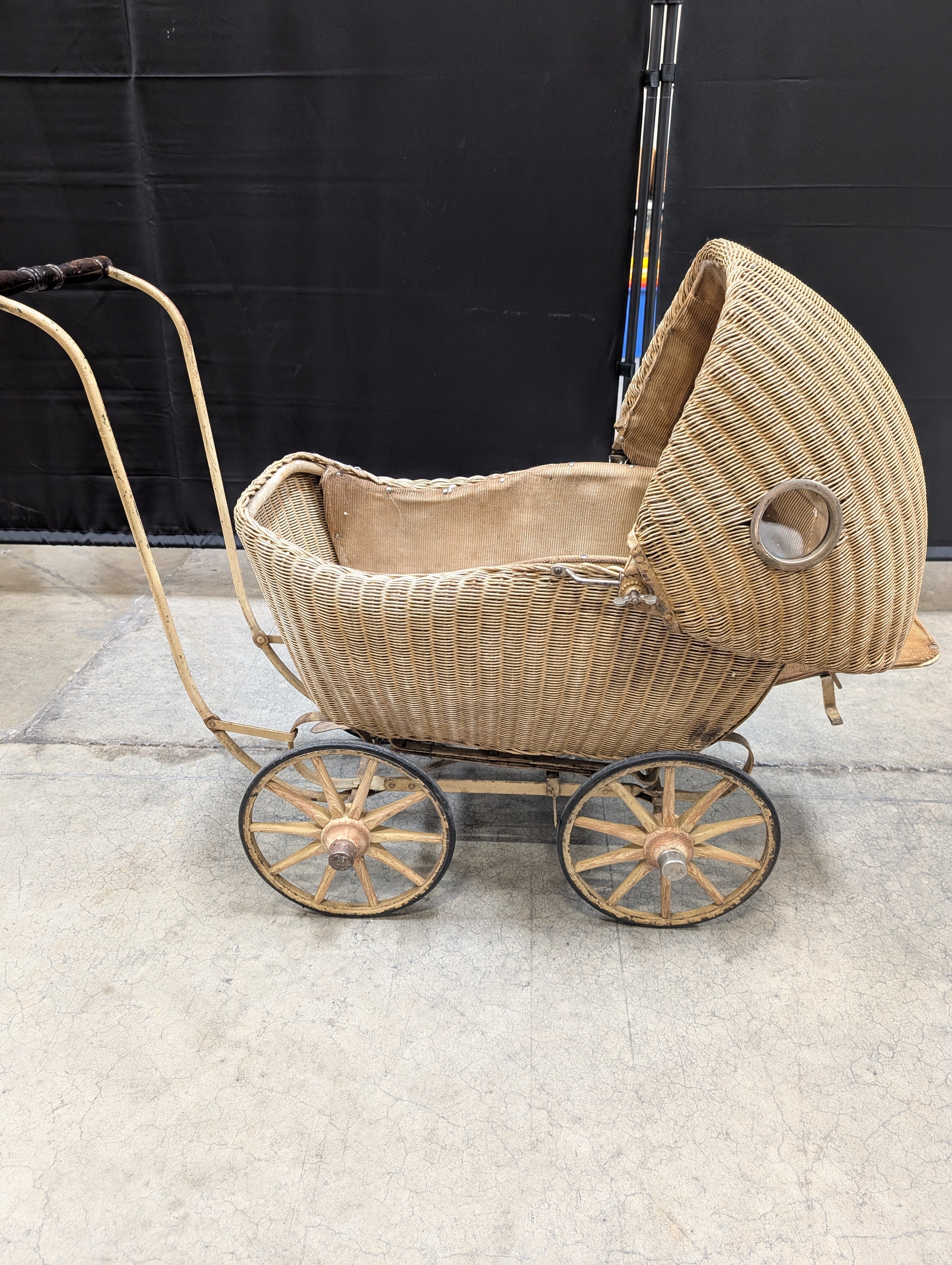 Vintage Lloyd Loom Baby Carriage with  Glass Porthole Window