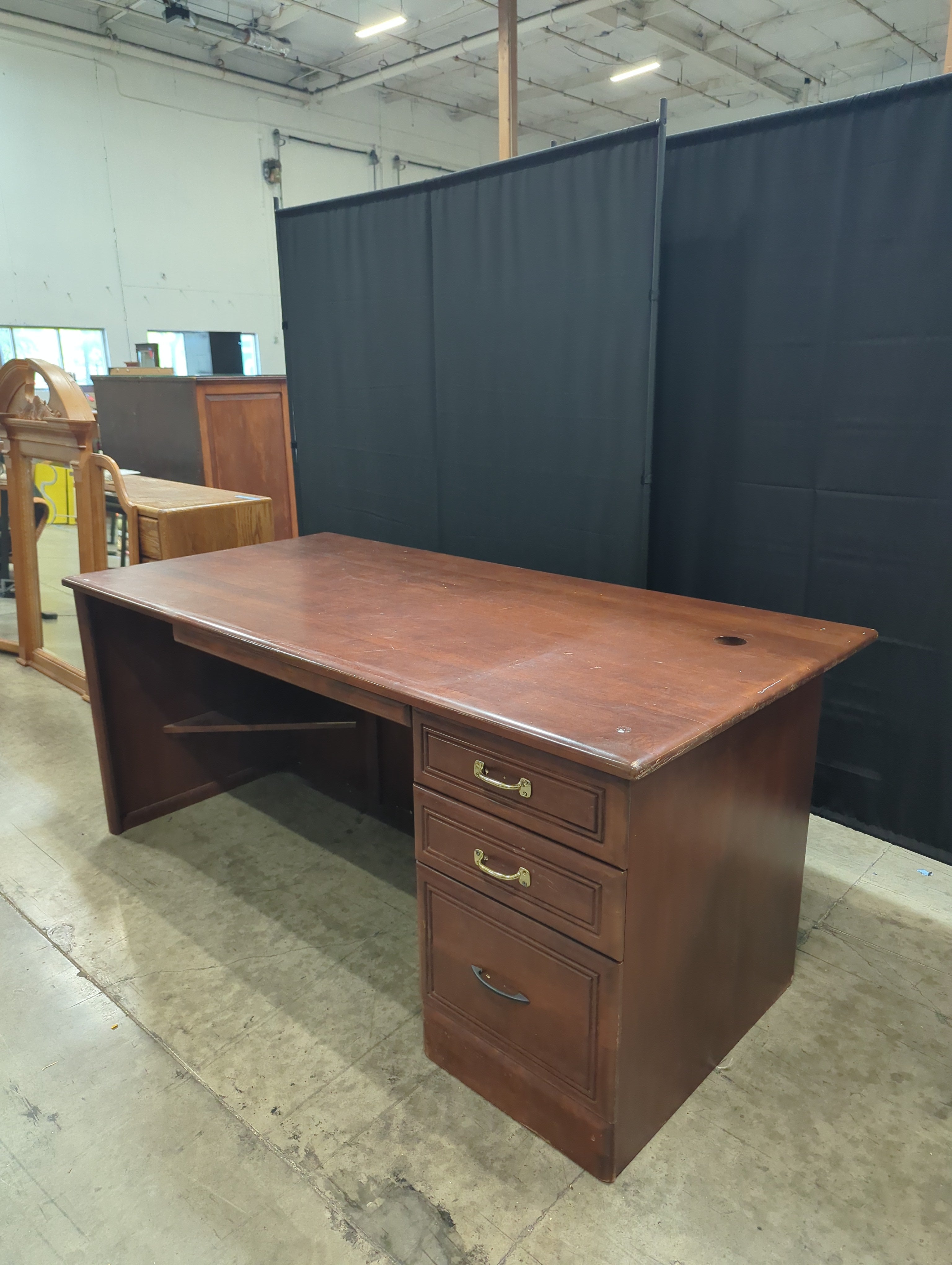 Sturdy Traditional Wood Office Desk with Storage - Reddish-Brown Finish
